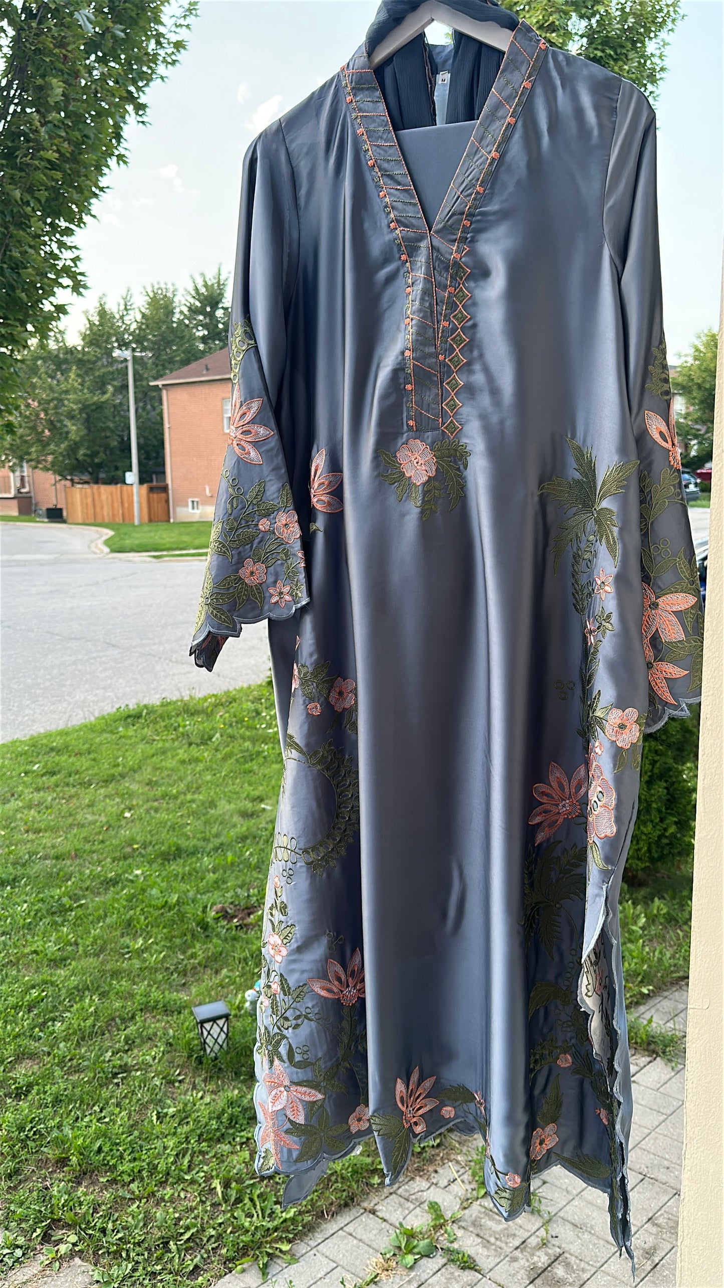 Zarveen — Slate Silk Embroidered Kaftan Set