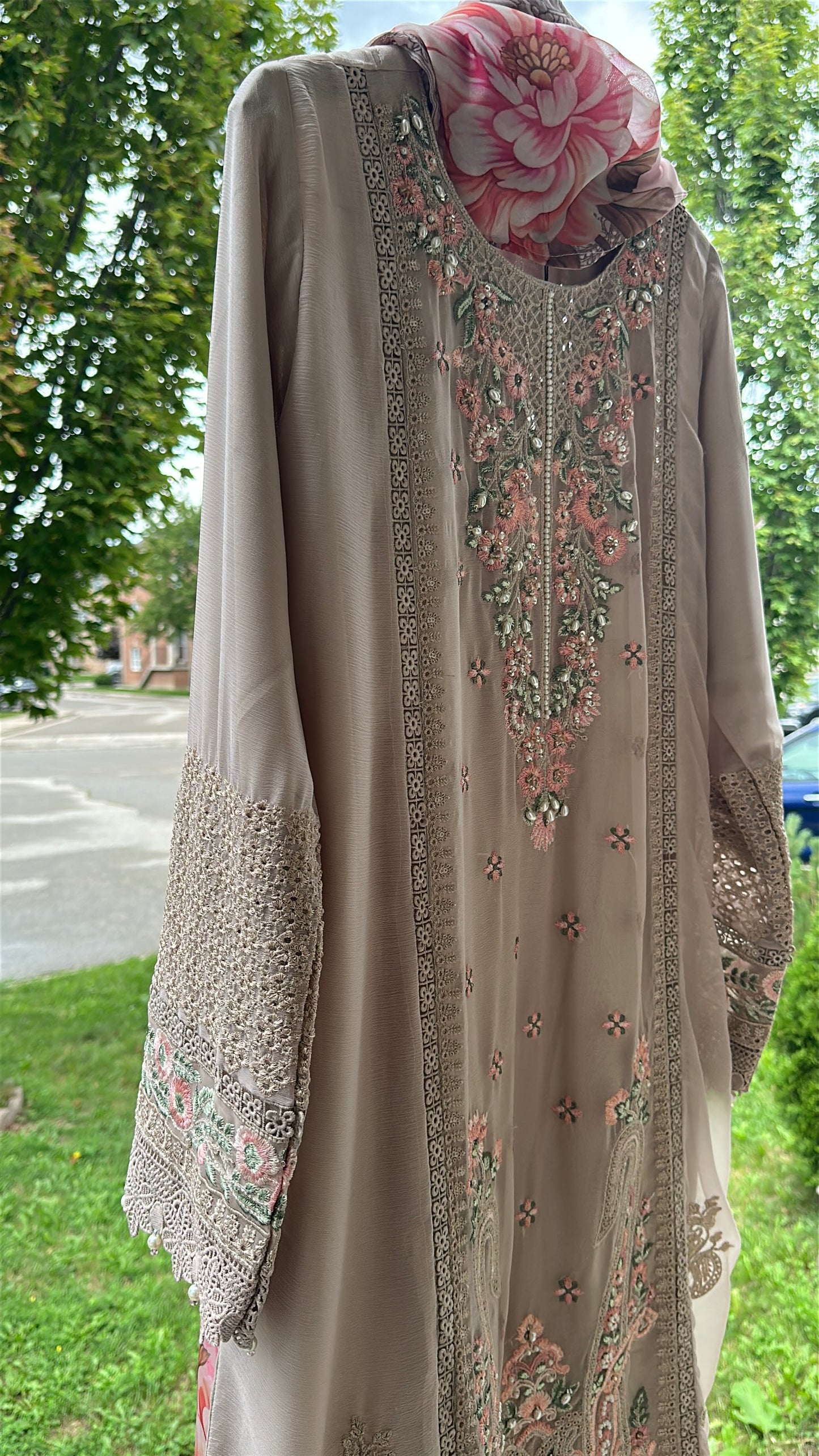 Mink Taupe Rosé Élan — Embroidered Chiffon 3-Piece Set