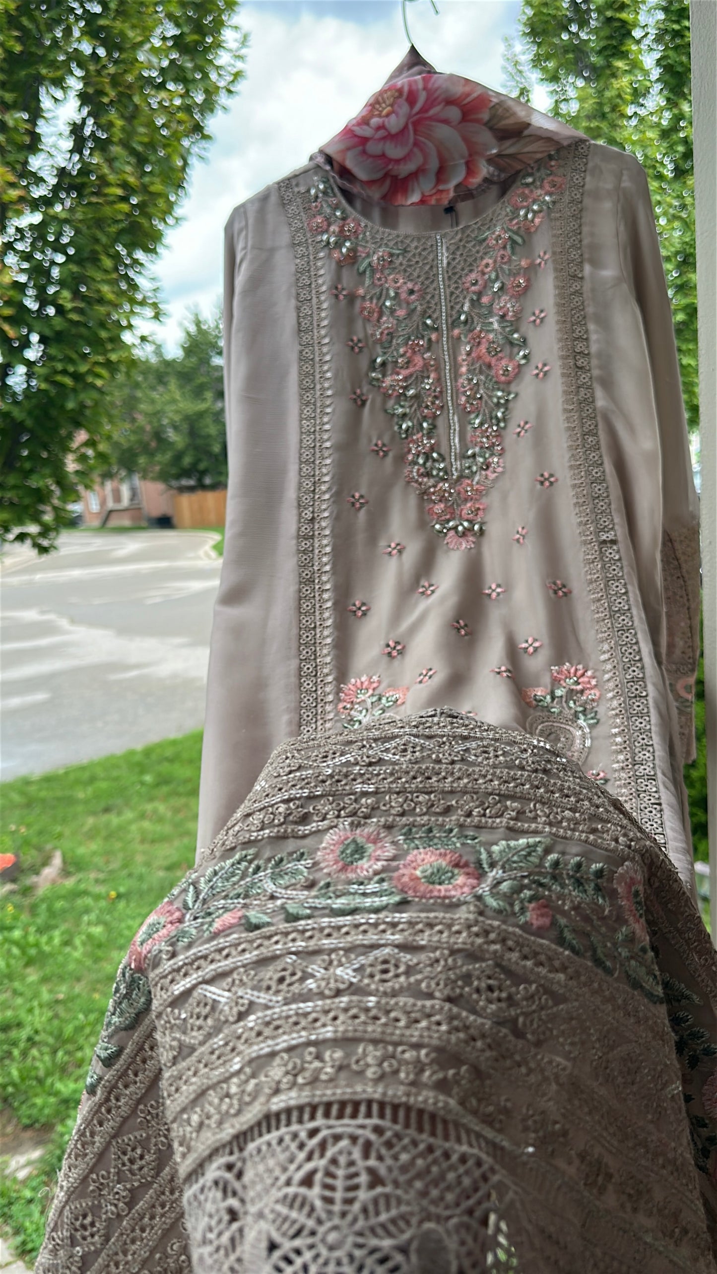Mink Taupe Rosé Élan — Embroidered Chiffon 3-Piece Set