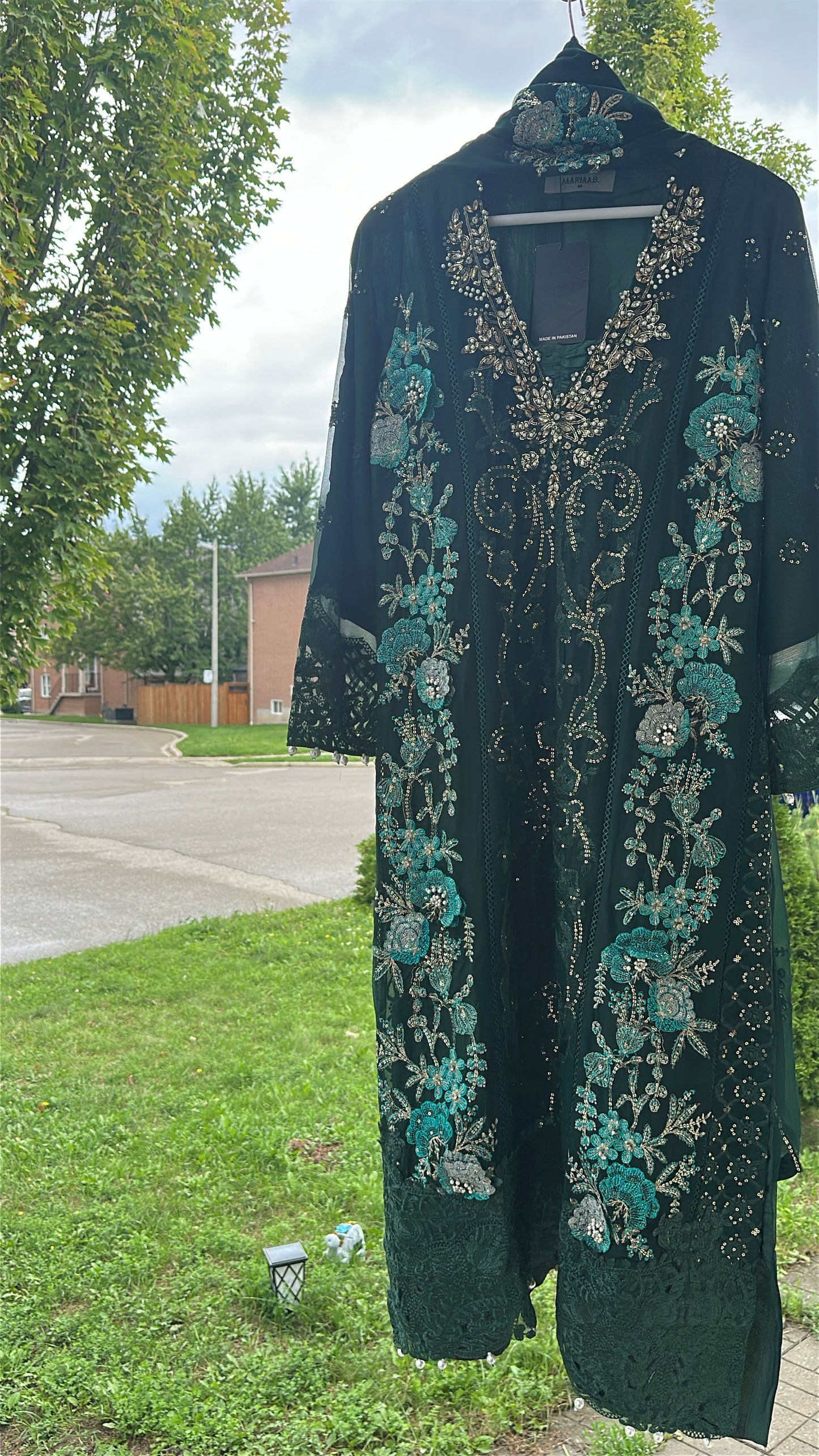 Midnight Emerald Élan — Luxury Embellished Chiffon 3-Piece Set