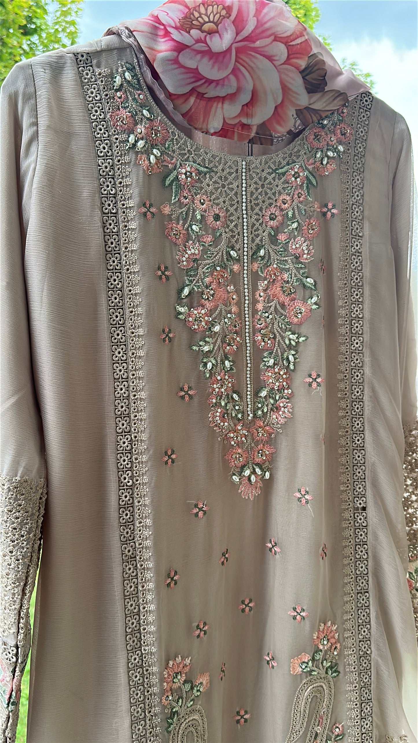Mink Taupe Rosé Élan — Embroidered Chiffon 3-Piece Set