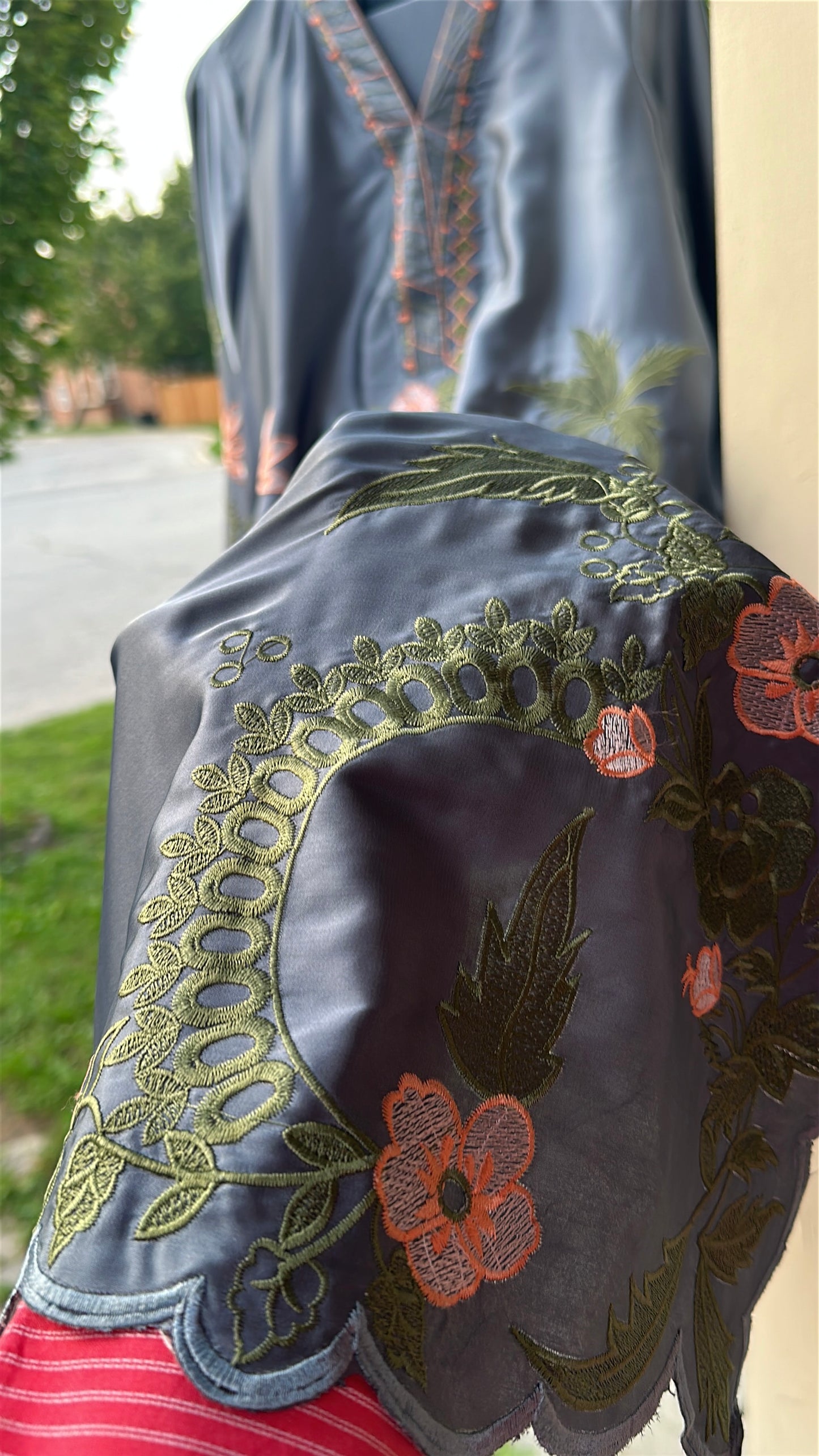 Zarveen — Slate Silk Embroidered Kaftan Set