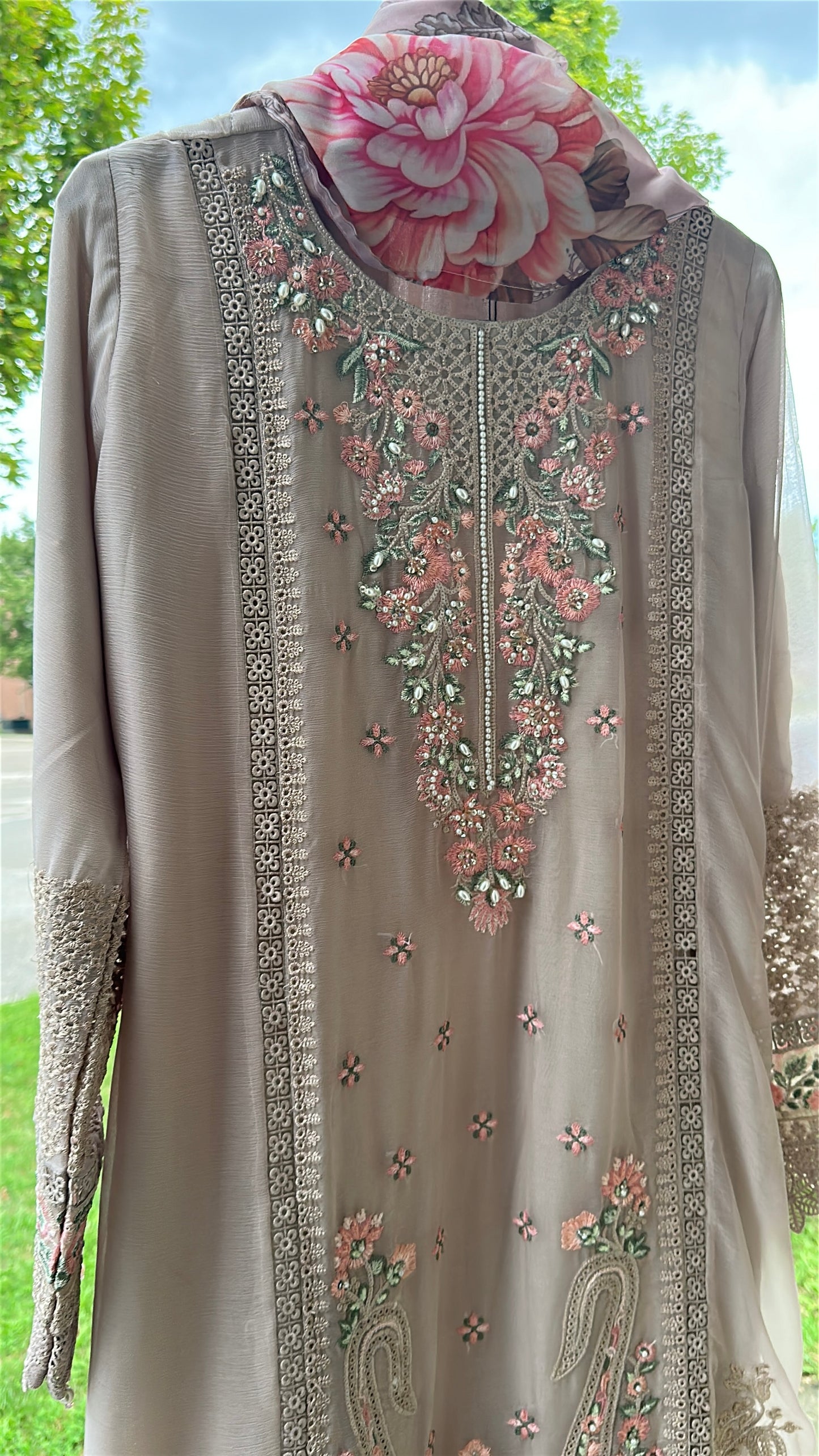 Mink Taupe Rosé Élan — Embroidered Chiffon 3-Piece Set