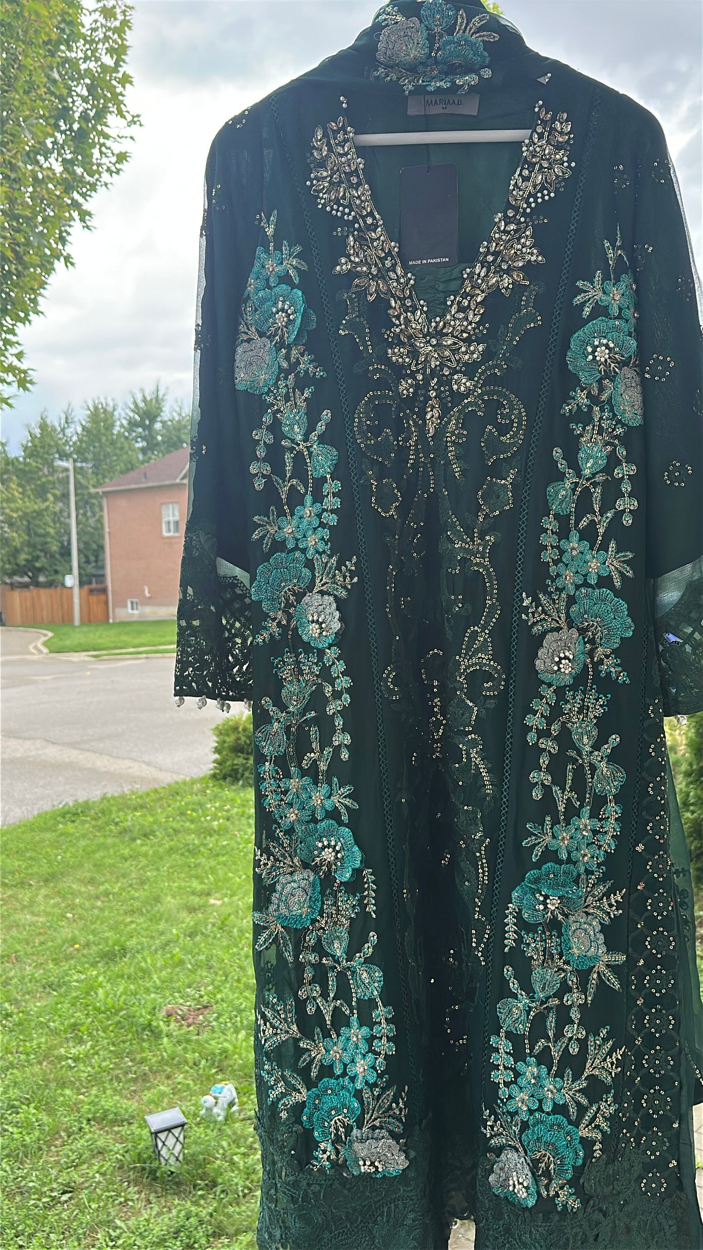 Midnight Emerald Élan — Luxury Embellished Chiffon 3-Piece Set