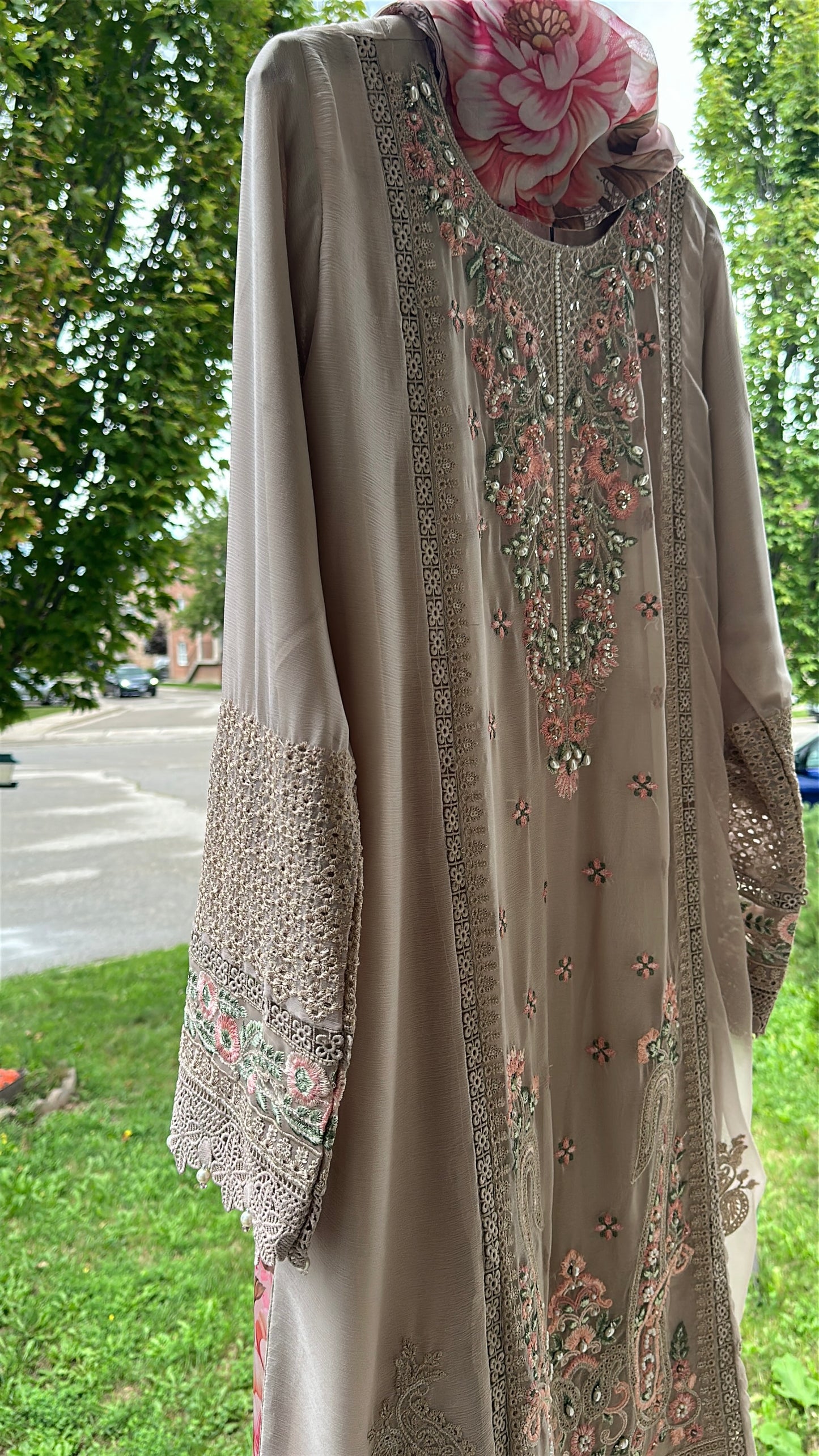 Mink Taupe Rosé Élan — Embroidered Chiffon 3-Piece Set