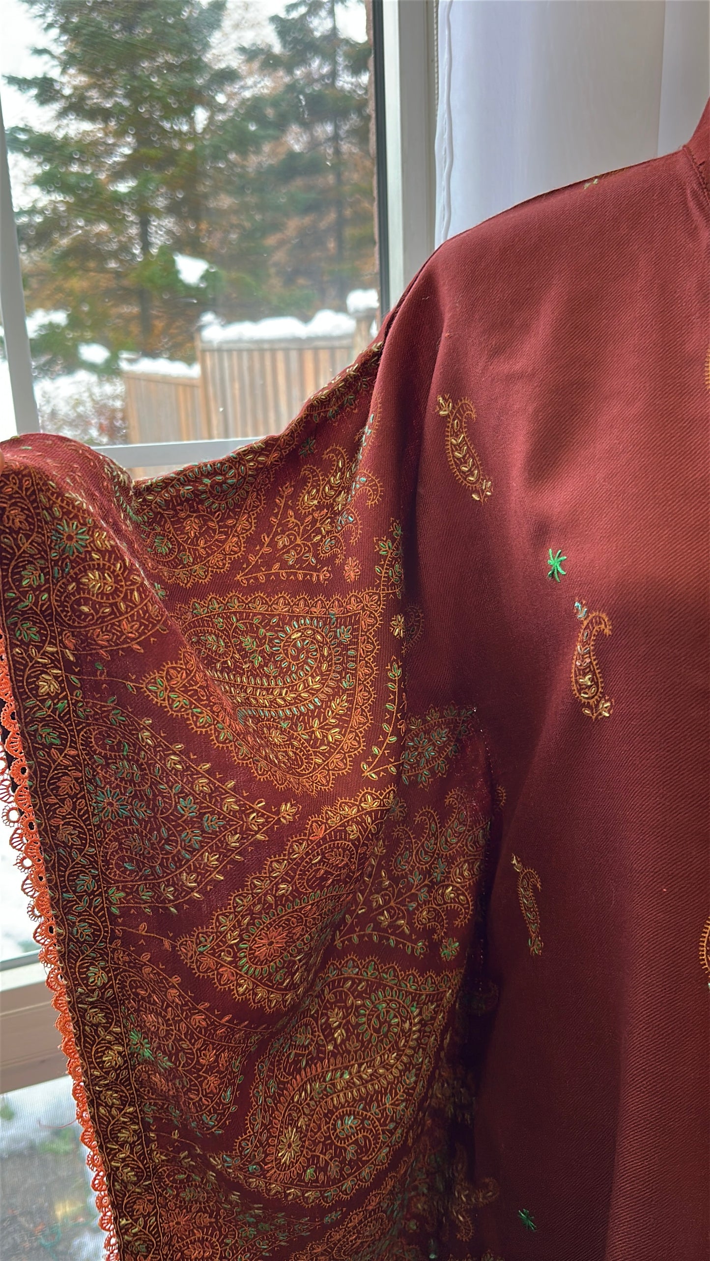 Gulnaar-e-Russet – KalamKari Shawl Kaftan