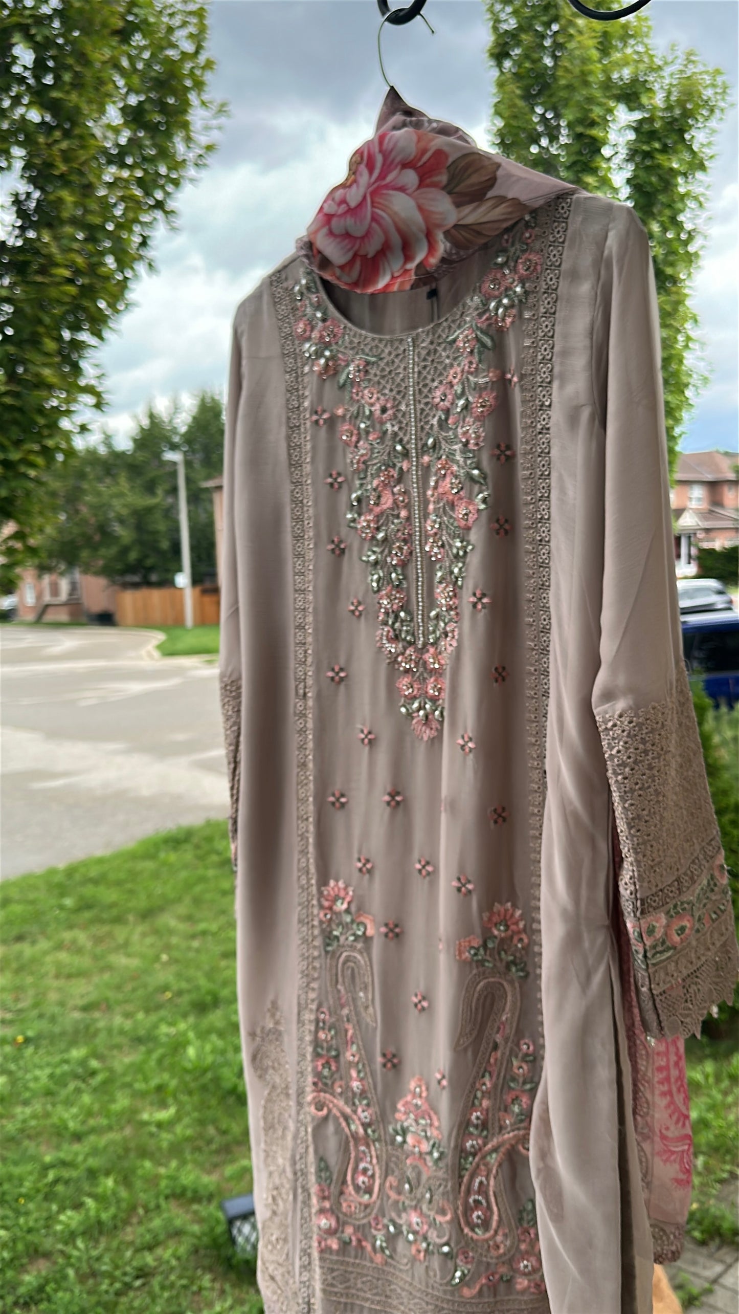 Mink Taupe Rosé Élan — Embroidered Chiffon 3-Piece Set