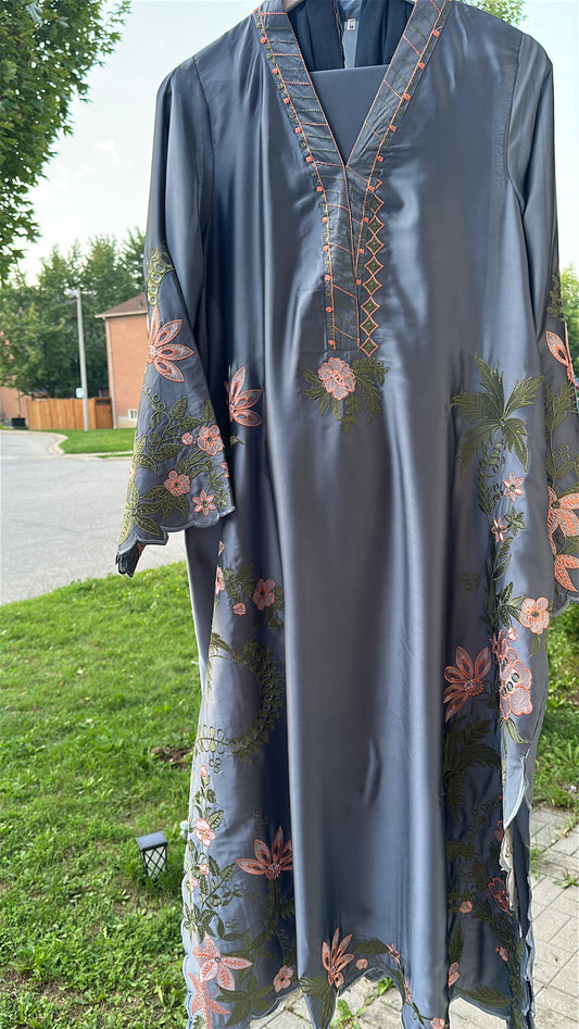 Zarveen — Slate Silk Embroidered Kaftan Set