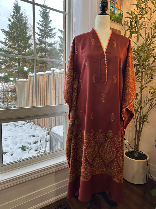 Gulnaar-e-Russet – KalamKari Shawl Kaftan