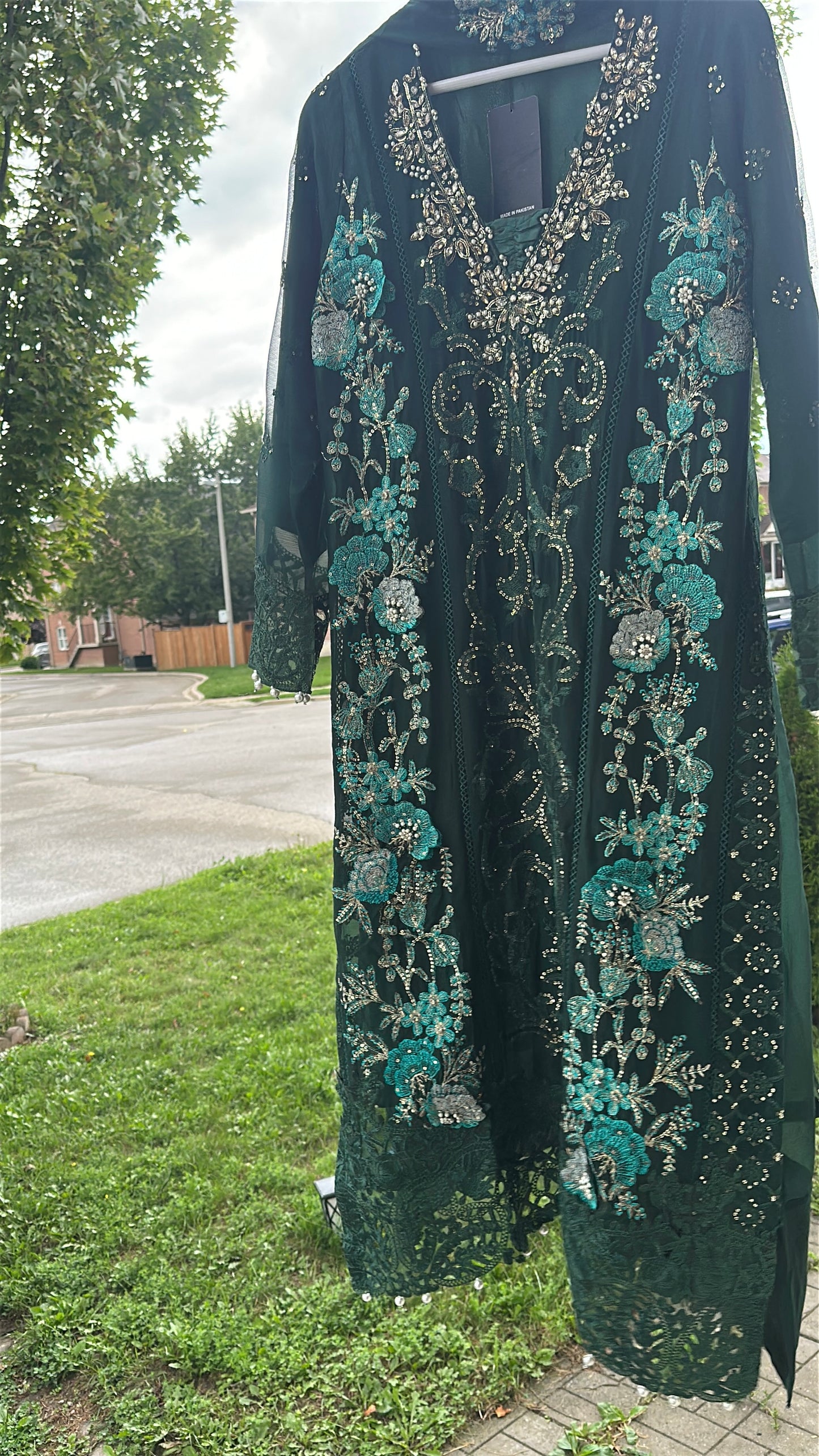Midnight Emerald Élan — Luxury Embellished Chiffon 3-Piece Set
