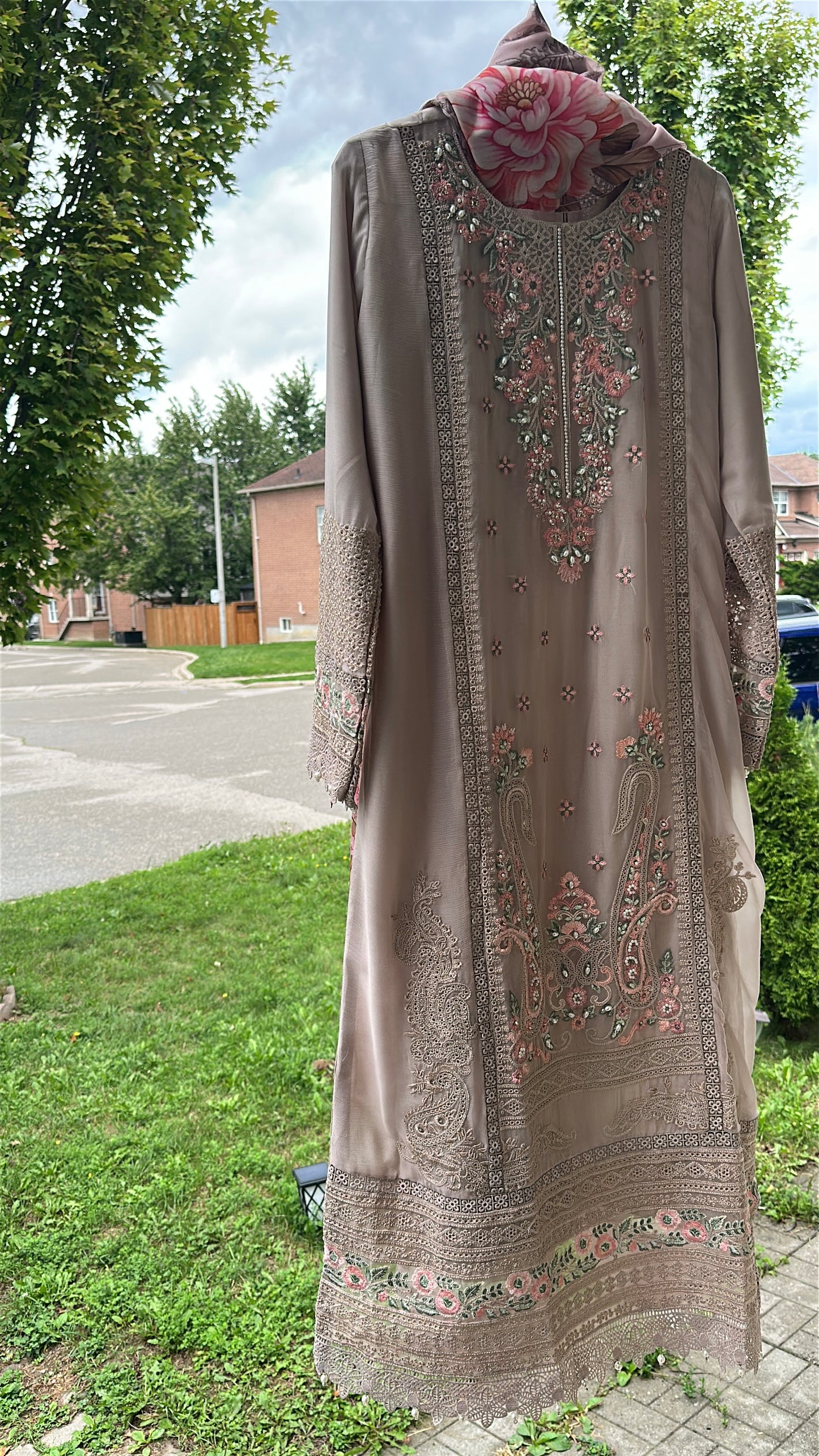 Mink Taupe Rosé Élan — Embroidered Chiffon 3-Piece Set