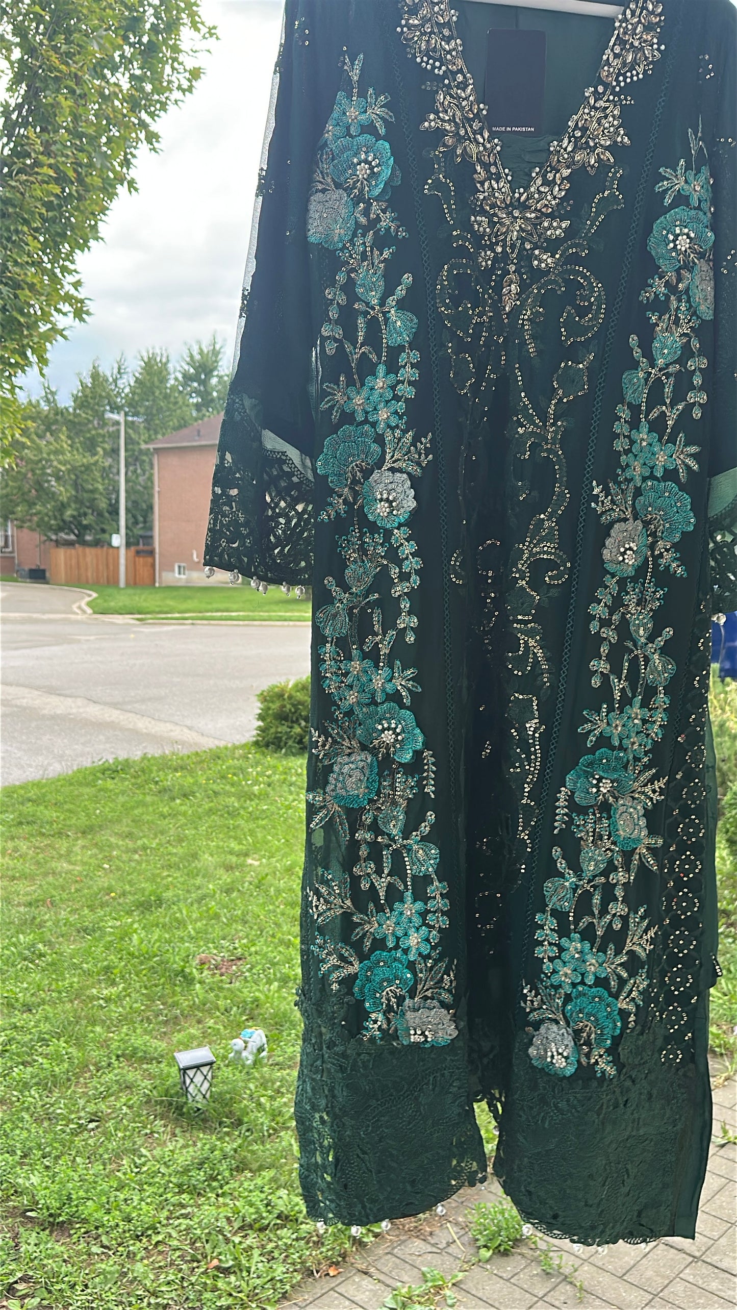Midnight Emerald Élan — Luxury Embellished Chiffon 3-Piece Set