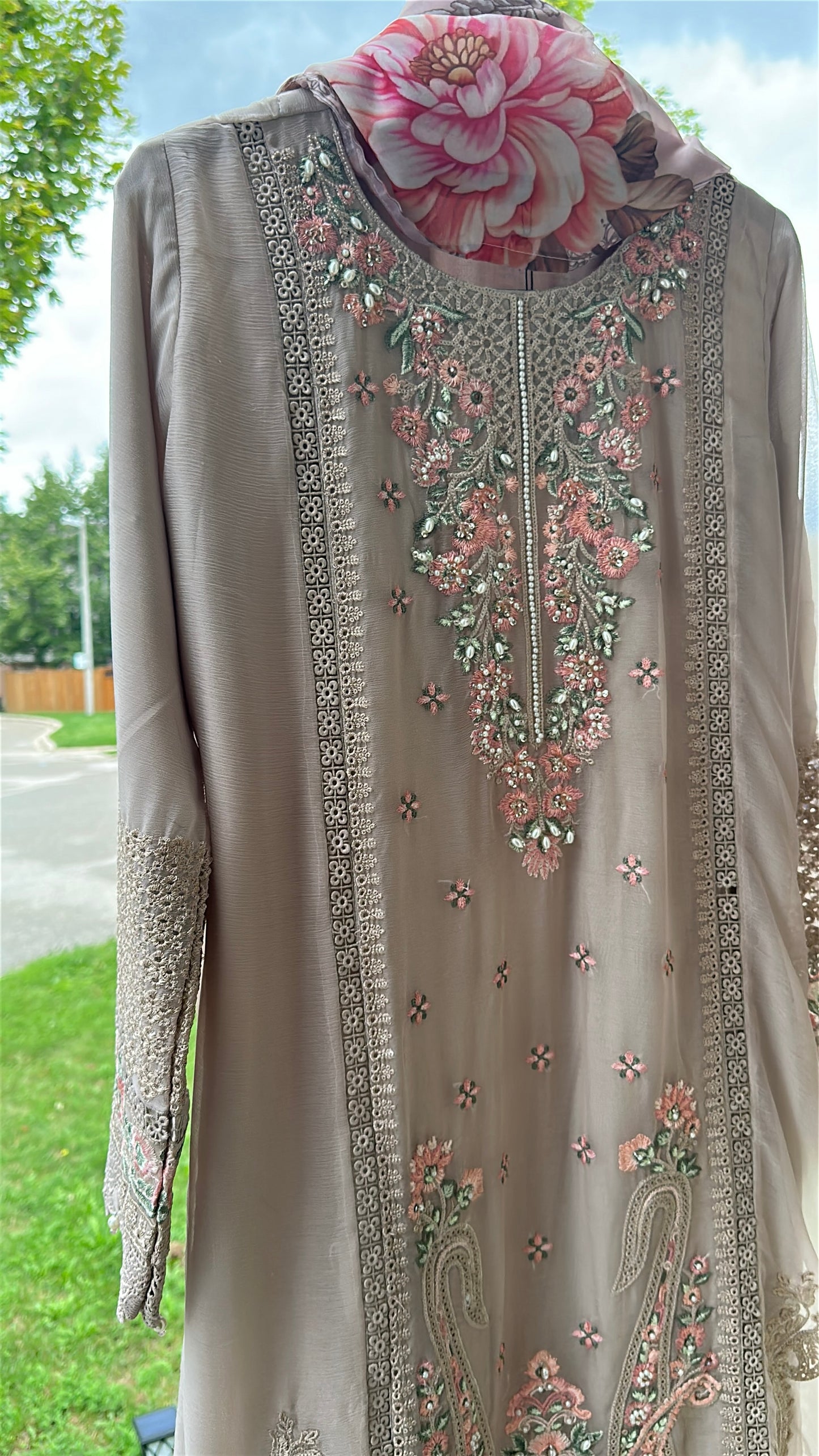 Mink Taupe Rosé Élan — Embroidered Chiffon 3-Piece Set