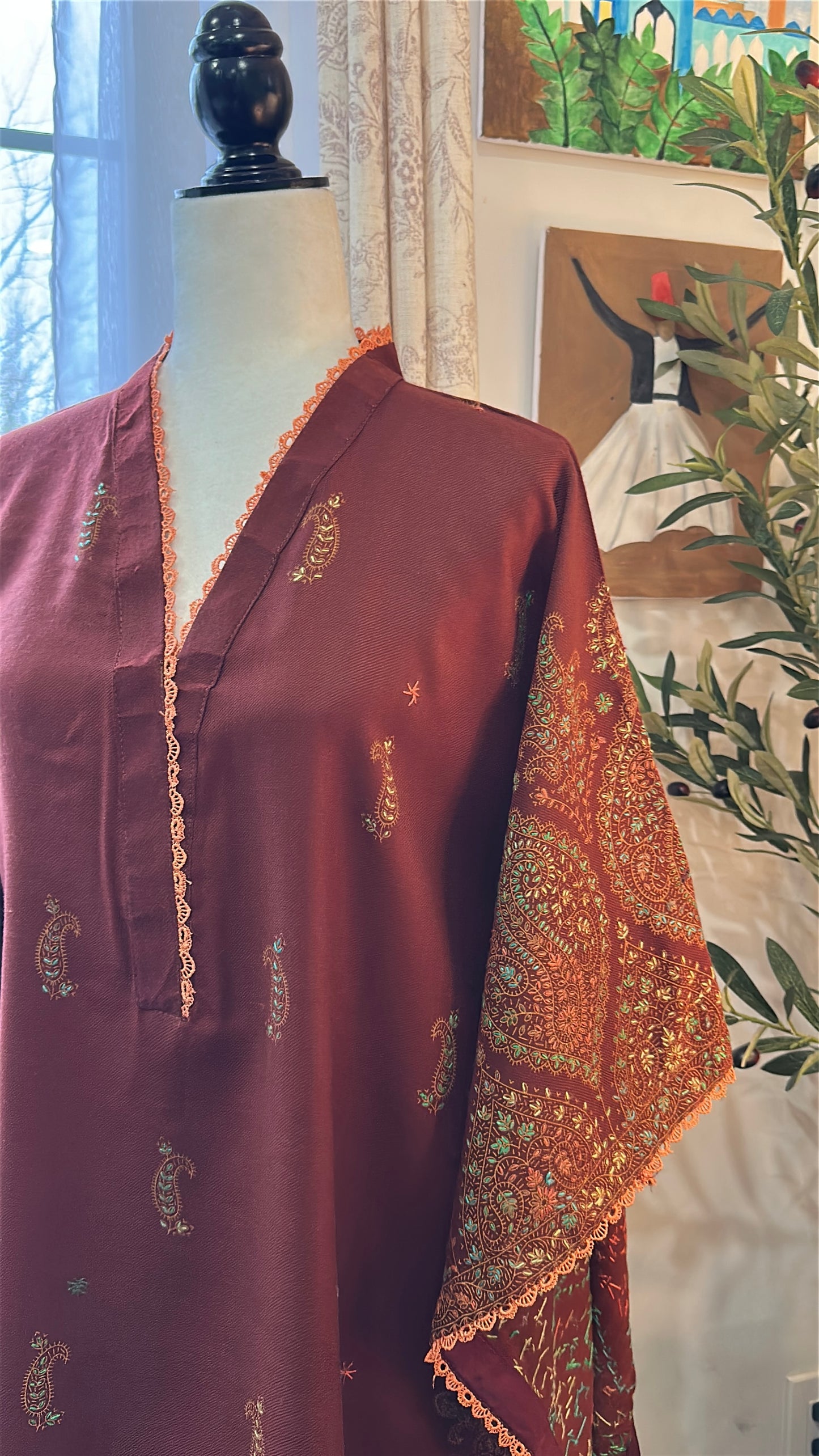 Gulnaar-e-Russet – KalamKari Shawl Kaftan