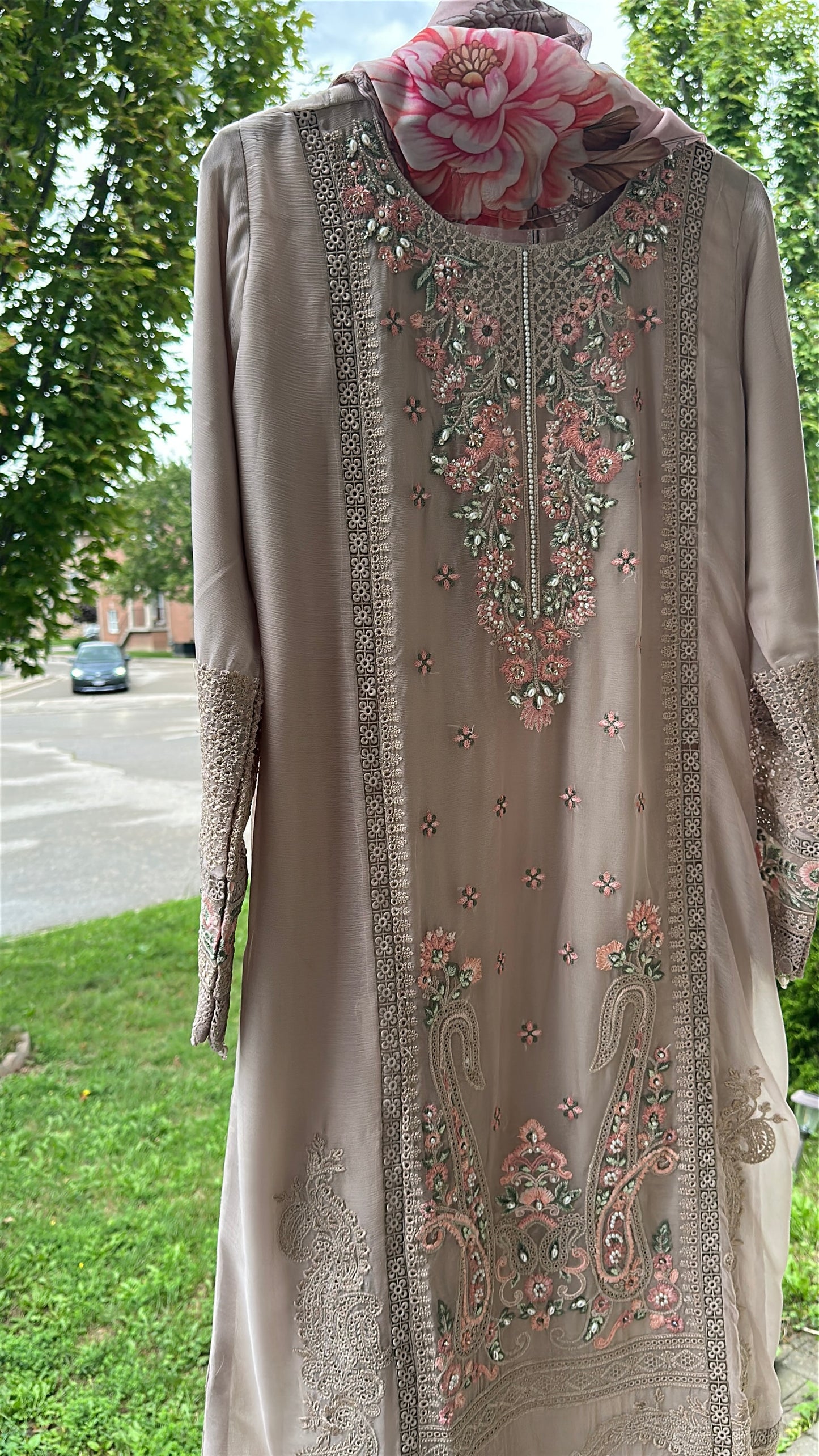 Mink Taupe Rosé Élan — Embroidered Chiffon 3-Piece Set