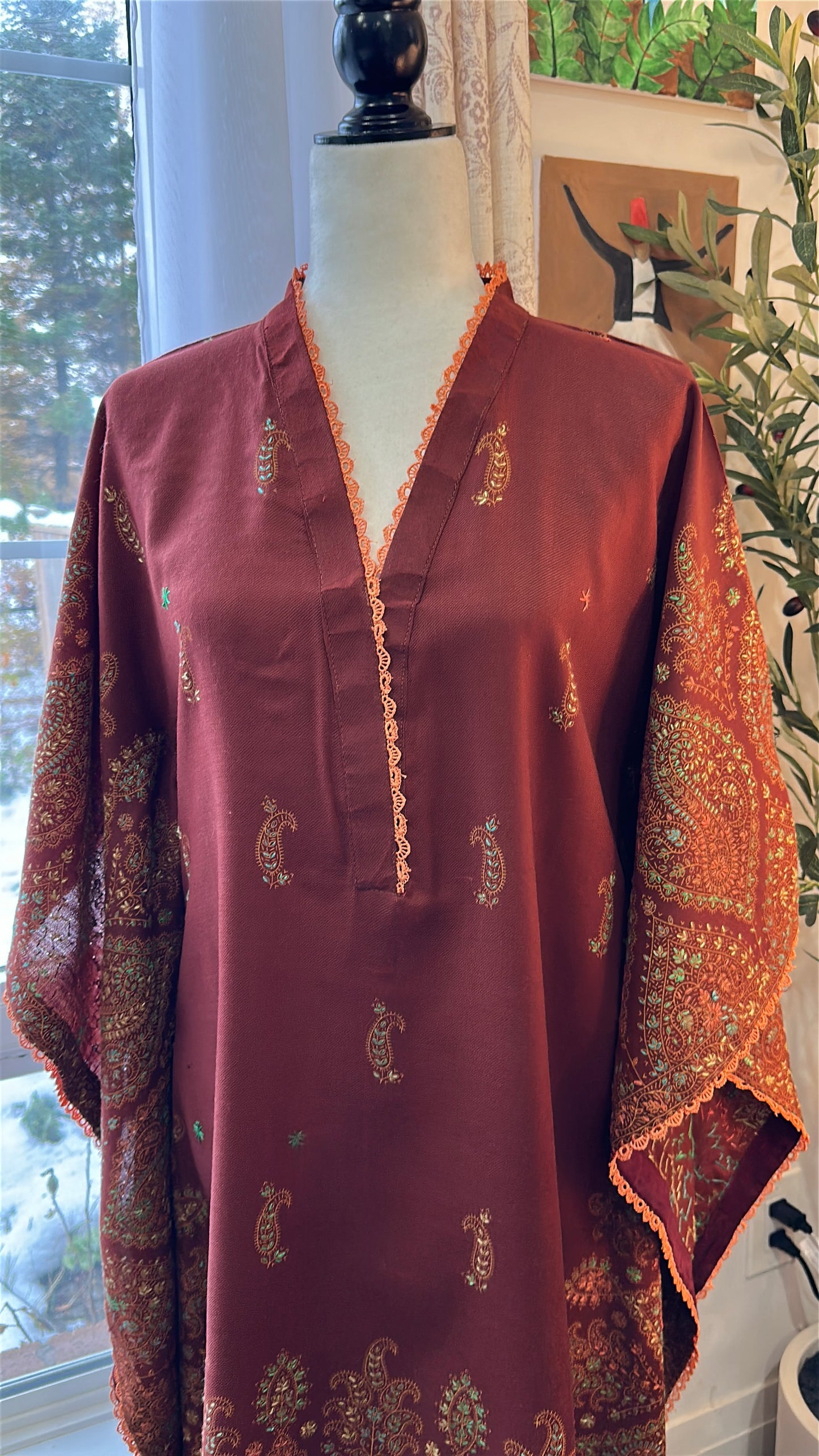 Gulnaar-e-Russet – KalamKari Shawl Kaftan