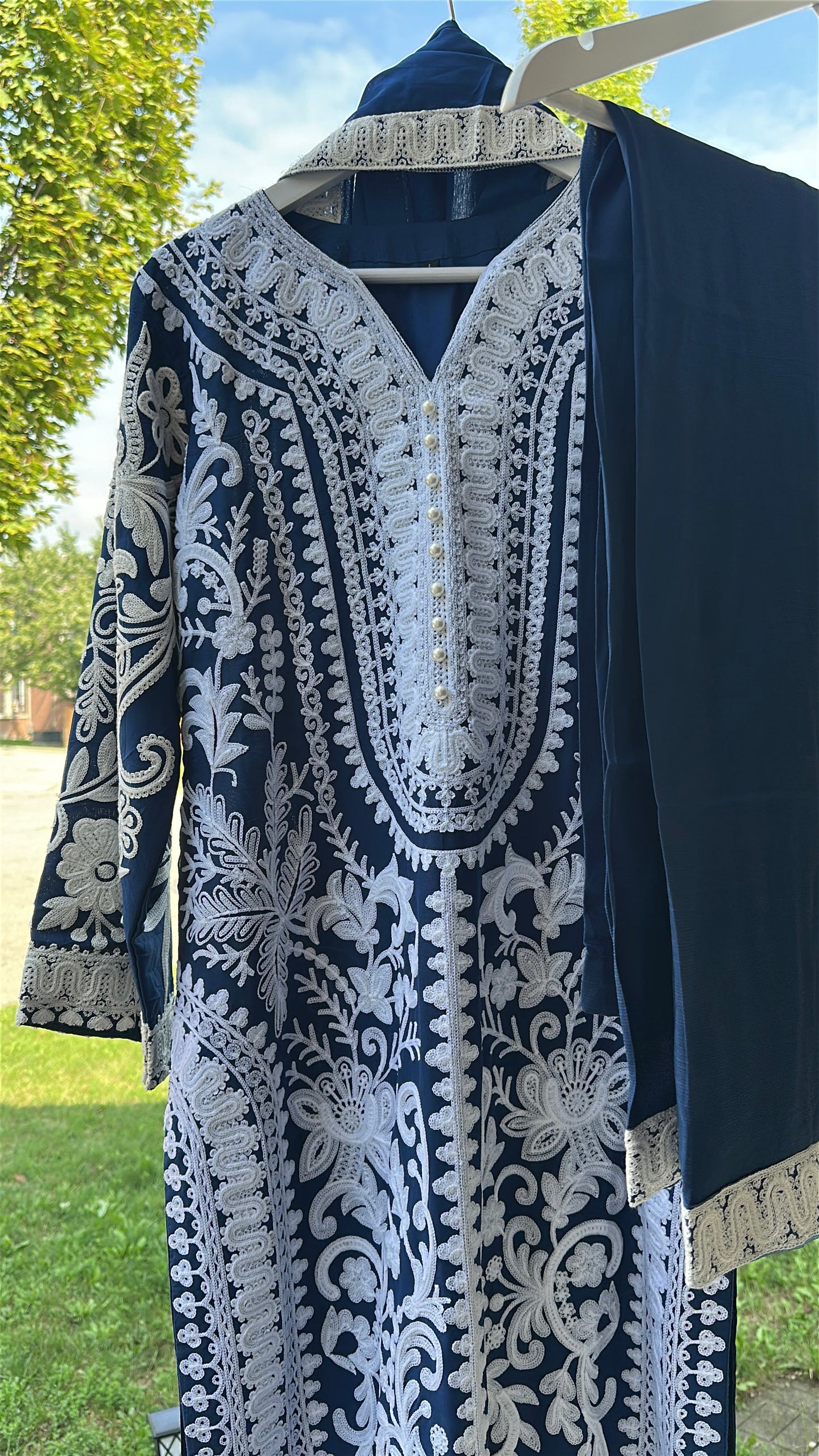 Midnight Ivory — Embroidered Chiffon Three-Piece Set