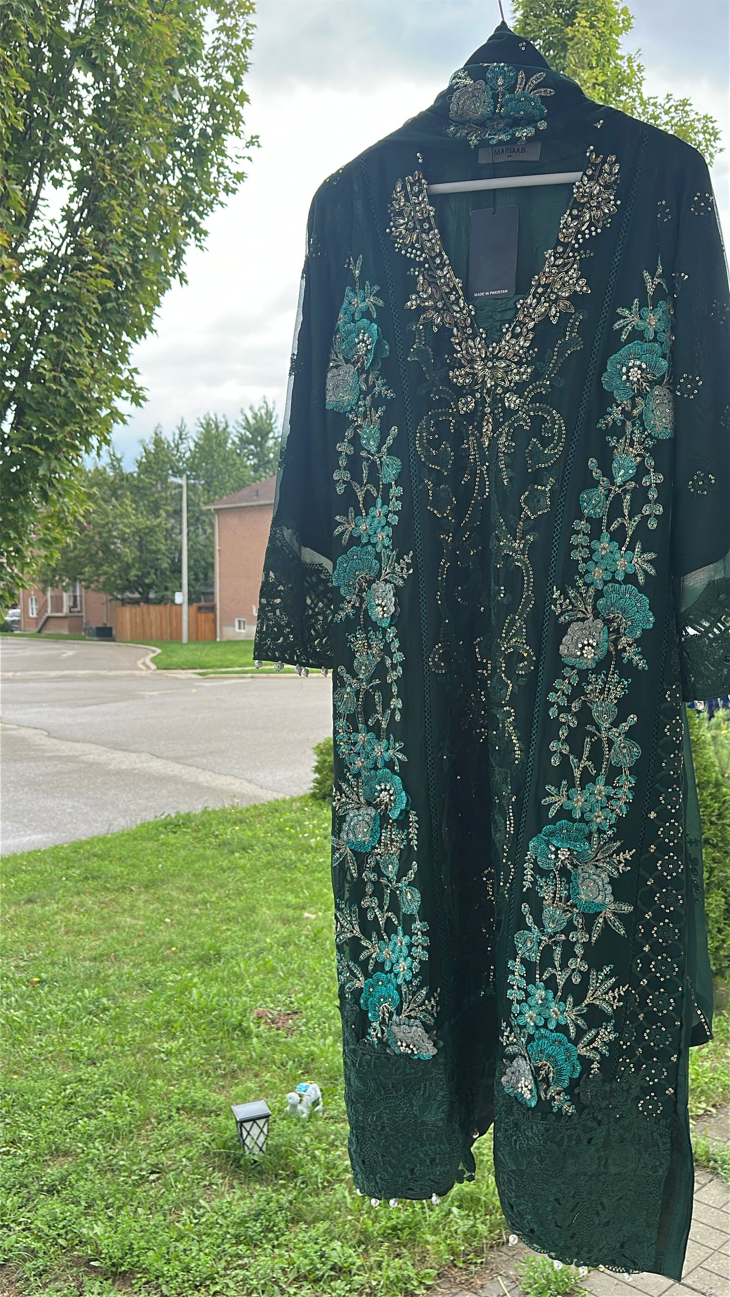 Midnight Emerald Élan — Luxury Embellished Chiffon 3-Piece Set