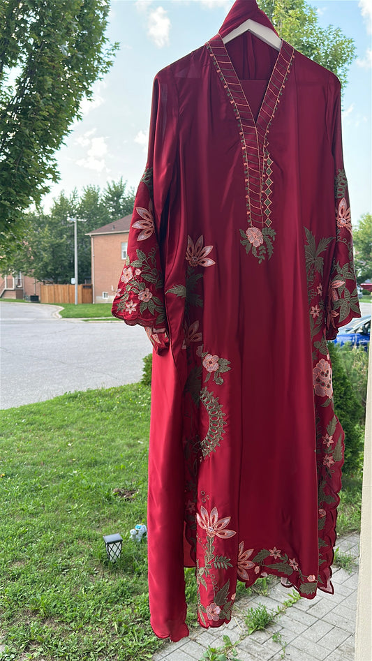 Zarveen Garnet — Deep Red Silk Kaftan Set