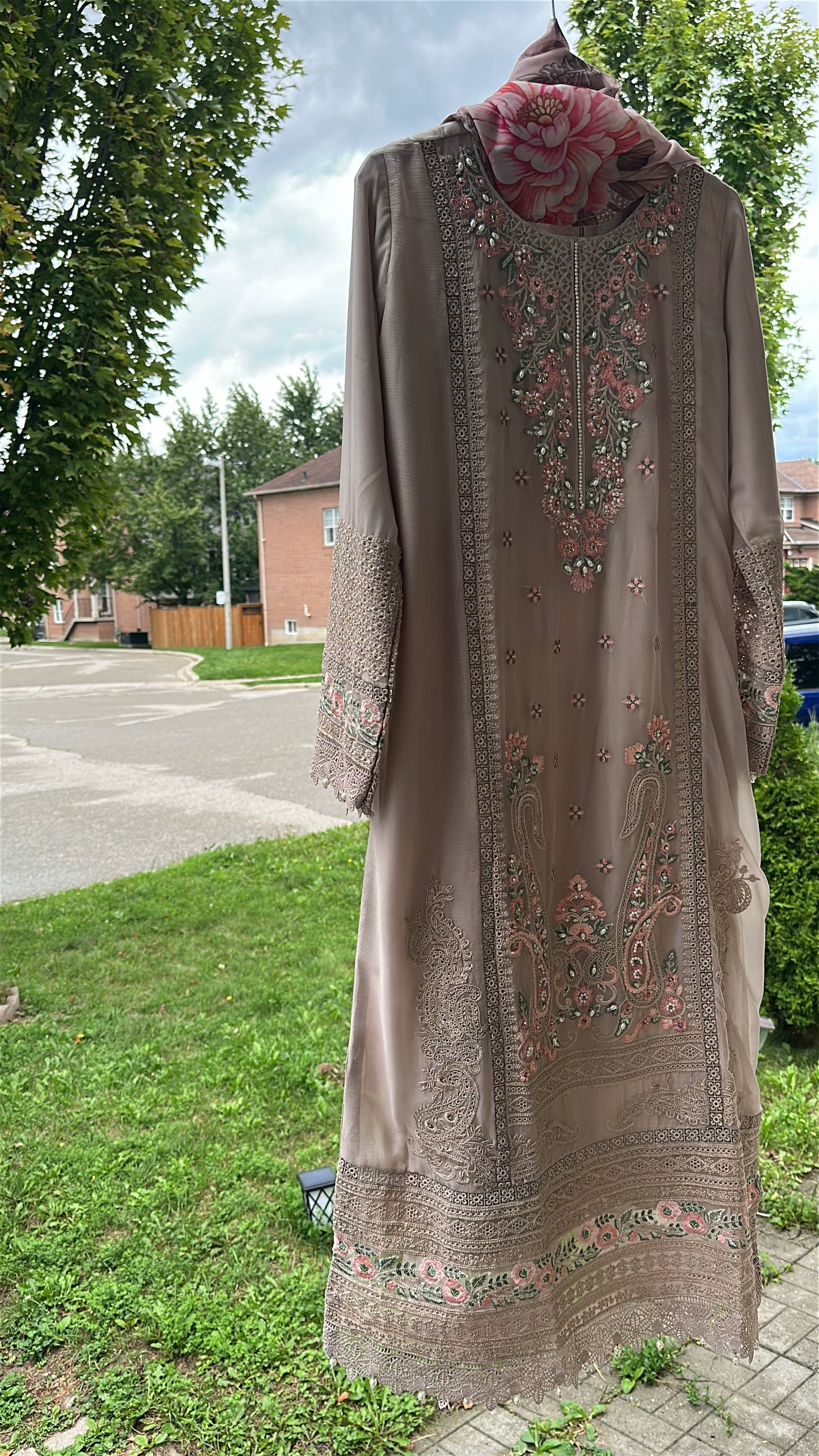 Mink Taupe Rosé Élan — Embroidered Chiffon 3-Piece Set