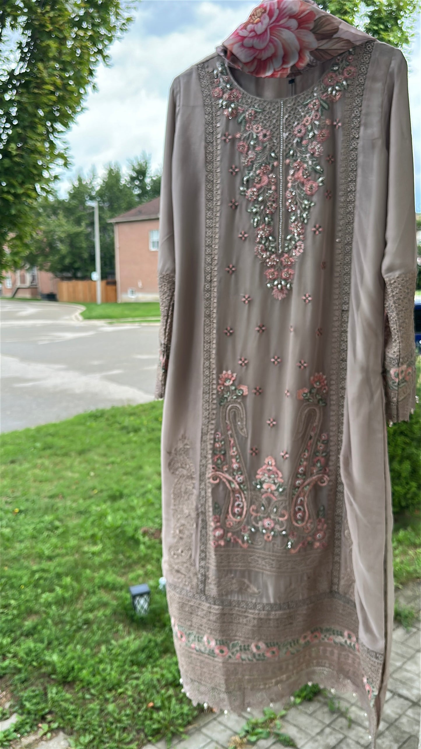 Mink Taupe Rosé Élan — Embroidered Chiffon 3-Piece Set