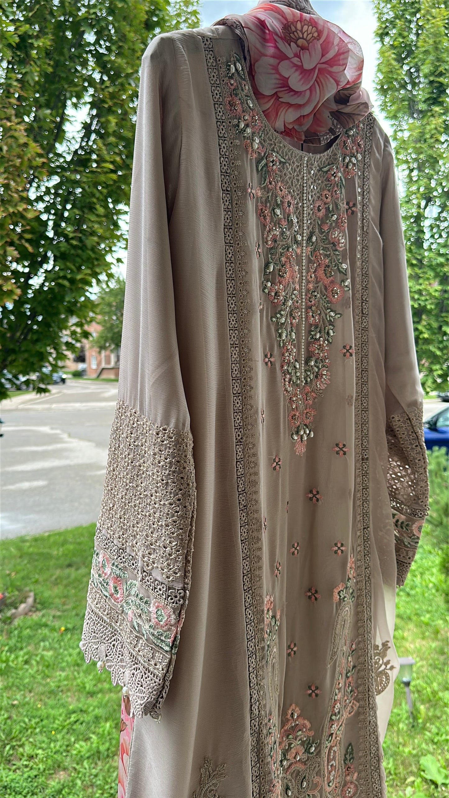 Mink Taupe Rosé Élan — Embroidered Chiffon 3-Piece Set
