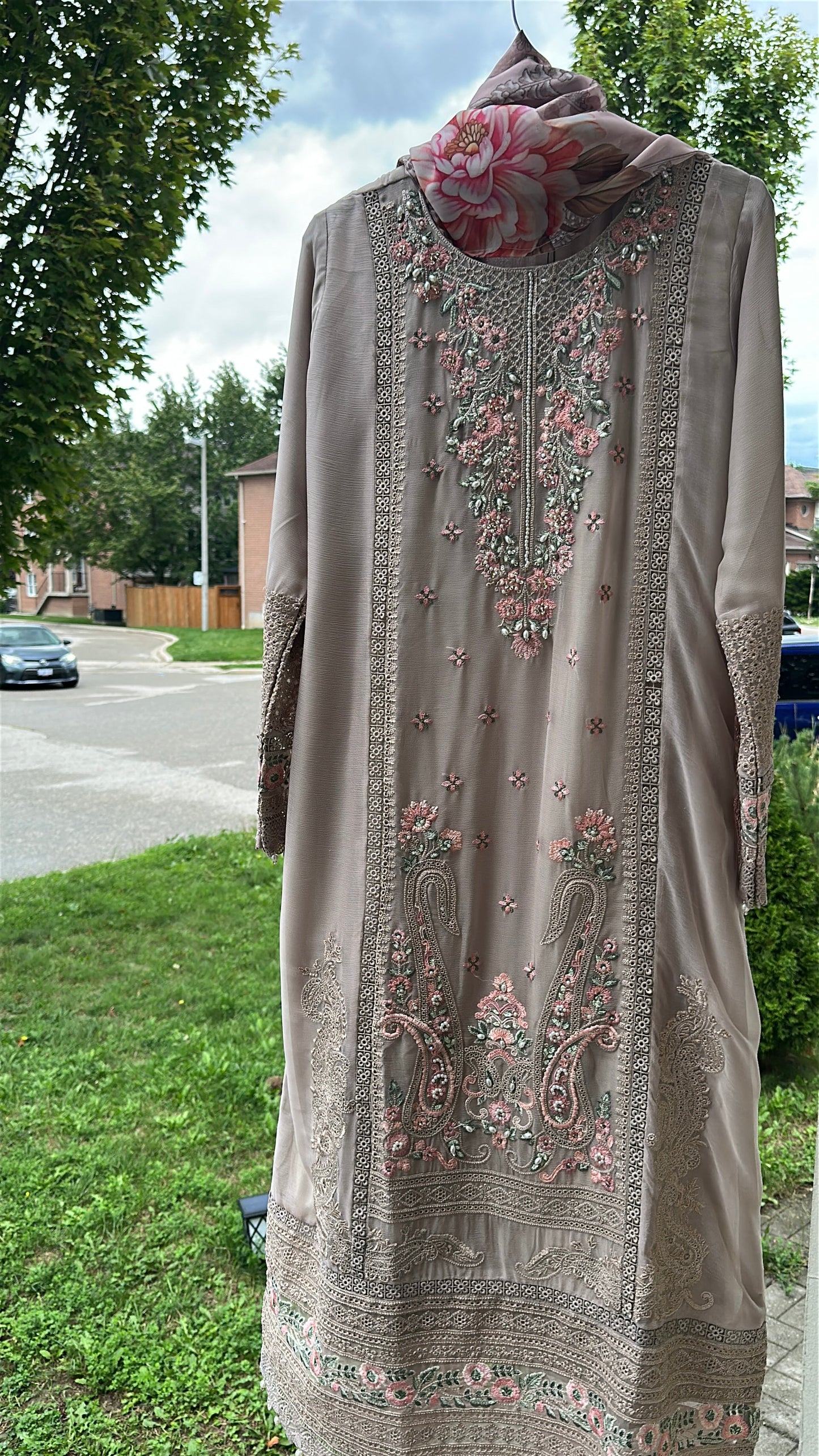 Mink Taupe Rosé Élan — Embroidered Chiffon 3-Piece Set