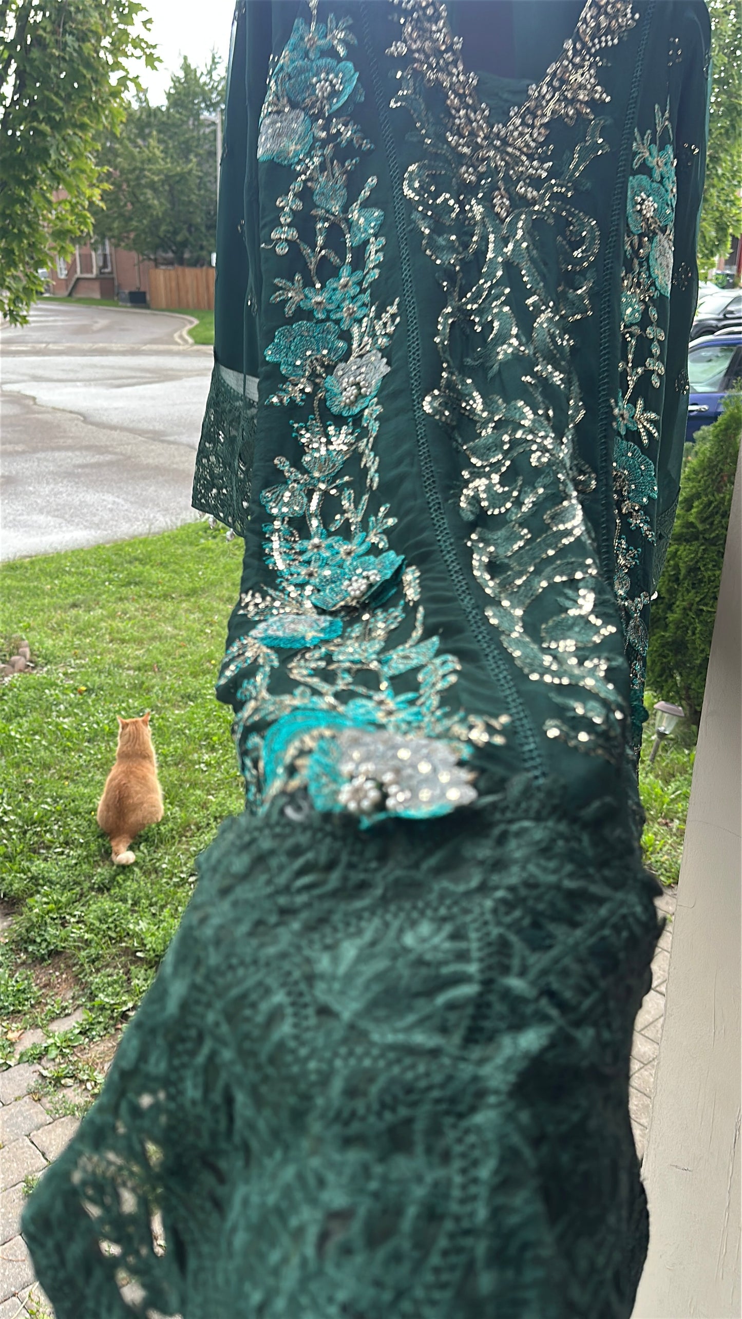 Midnight Emerald Élan — Luxury Embellished Chiffon 3-Piece Set