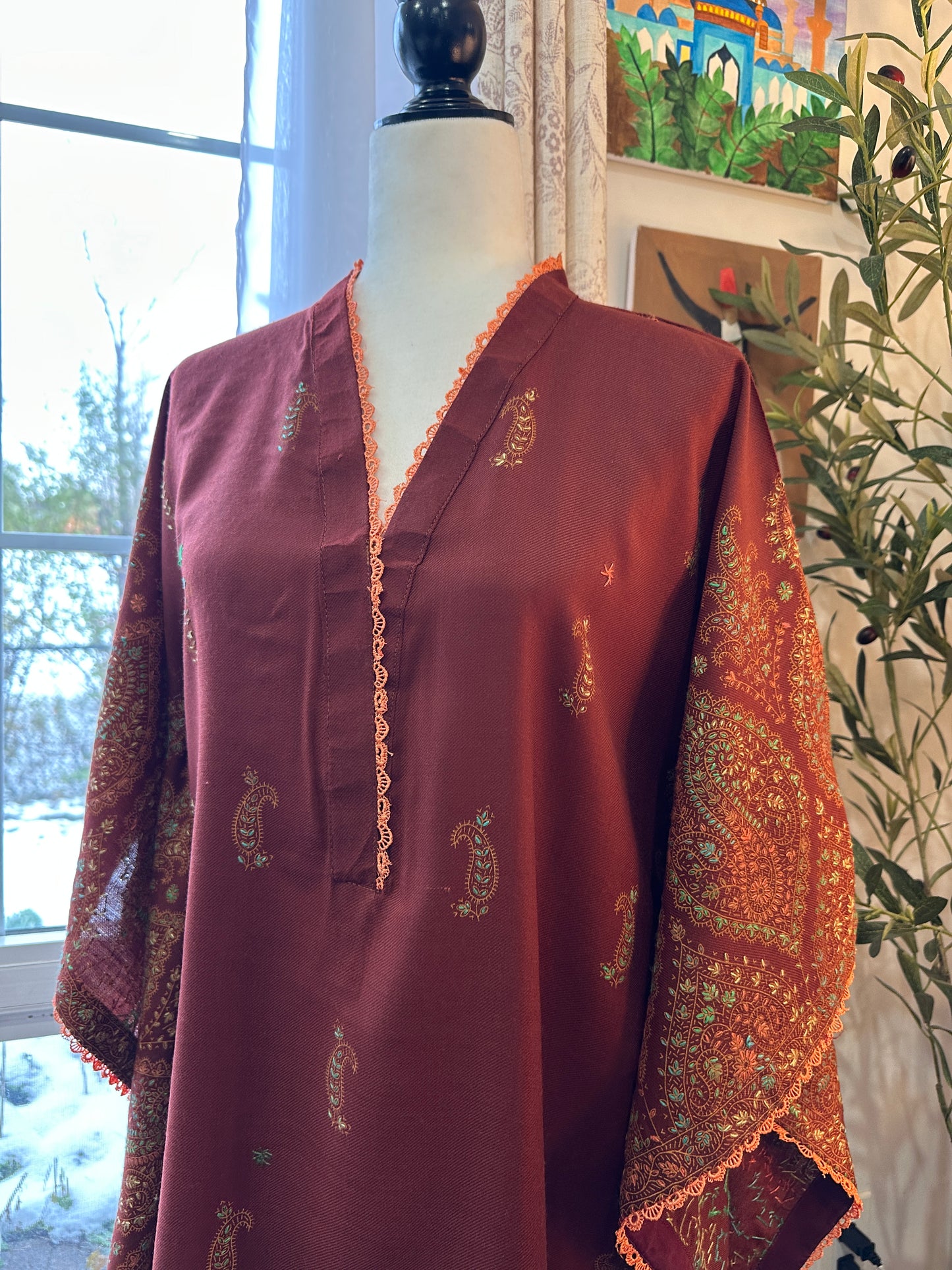 Gulnaar-e-Russet – KalamKari Shawl Kaftan