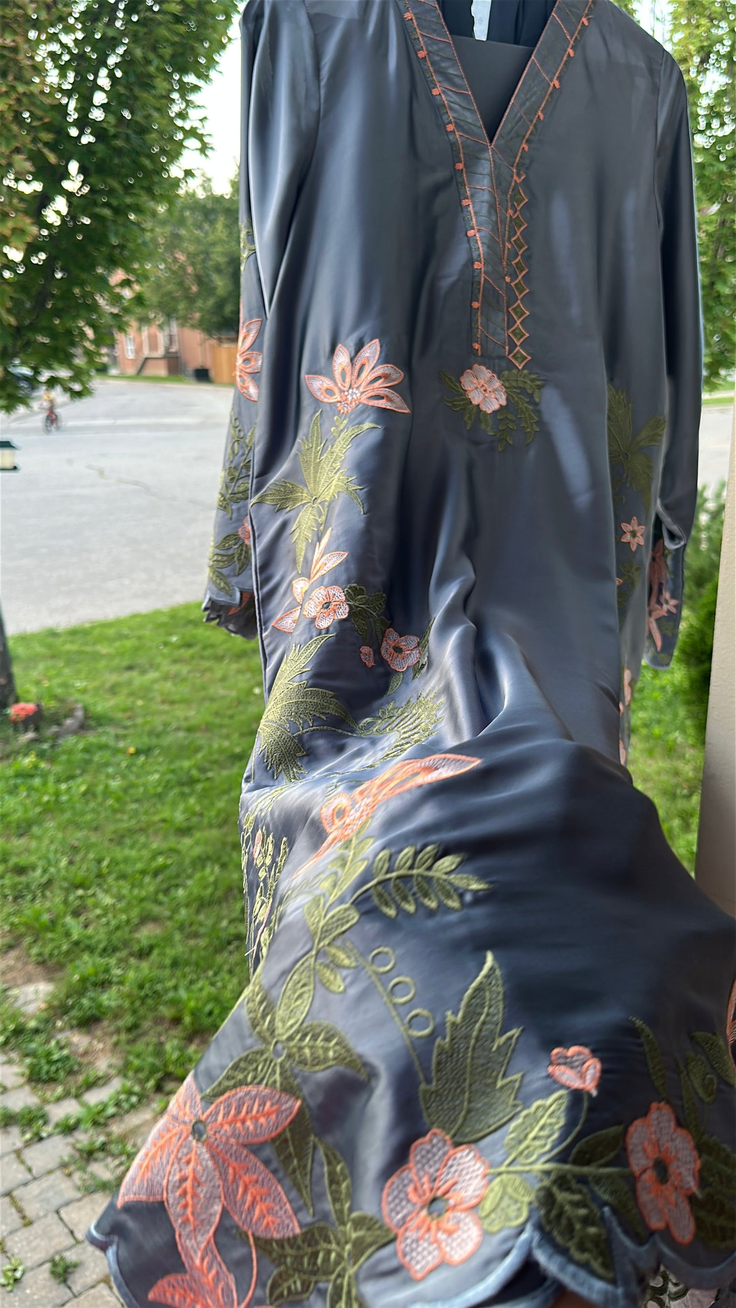 Zarveen — Slate Silk Embroidered Kaftan Set