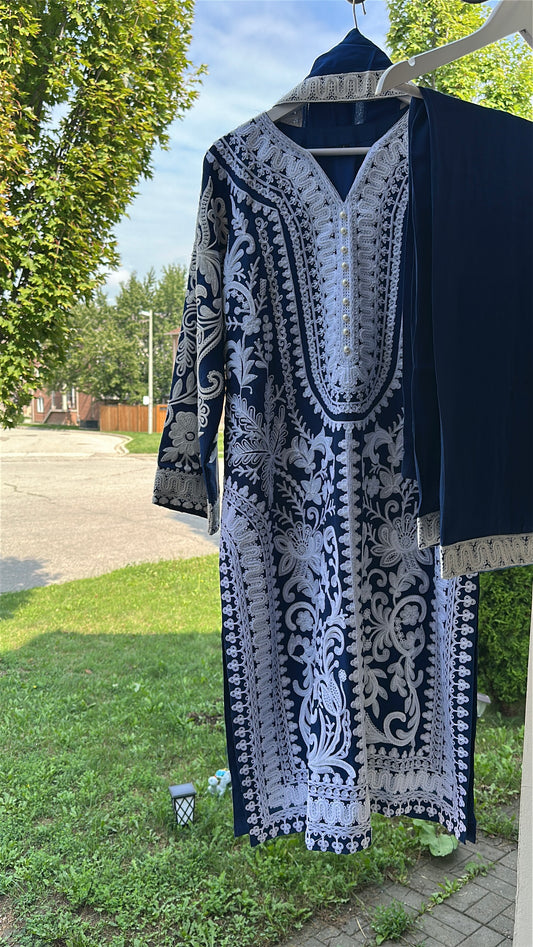 Midnight Ivory — Embroidered Chiffon Three-Piece Set