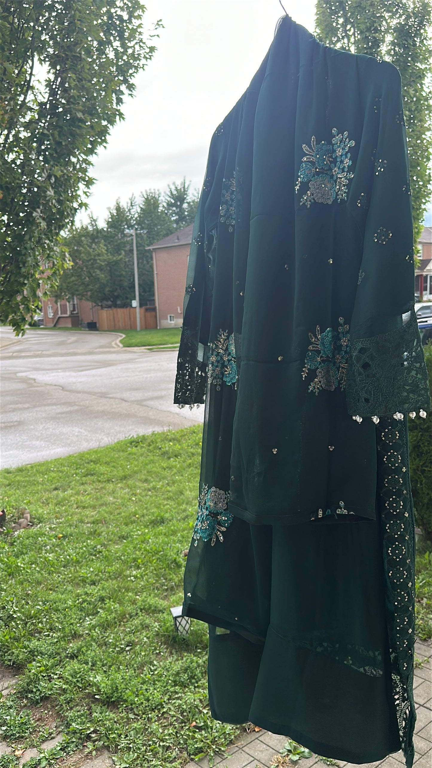 Midnight Emerald Élan — Luxury Embellished Chiffon 3-Piece Set