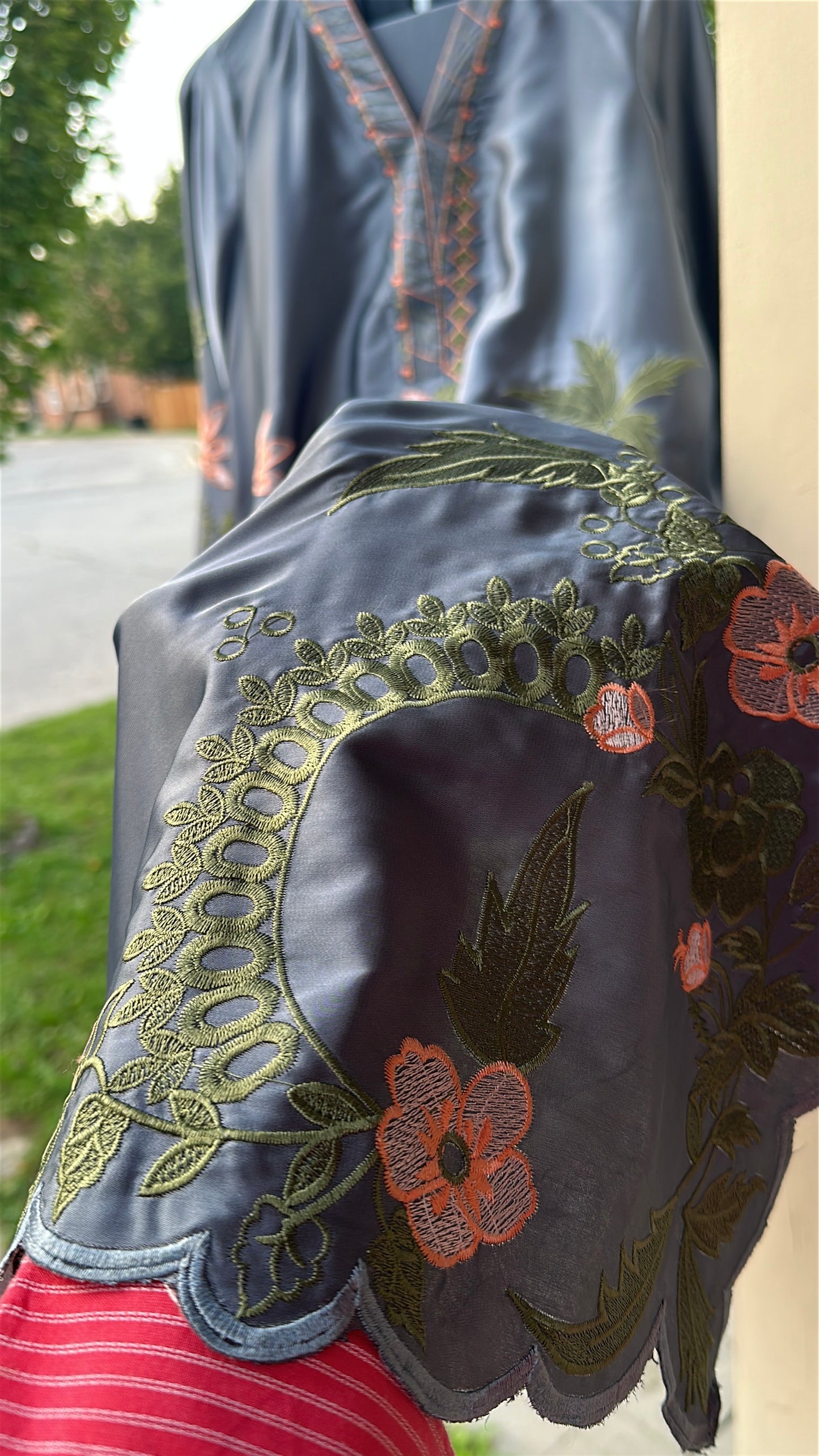Zarveen — Slate Silk Embroidered Kaftan Set