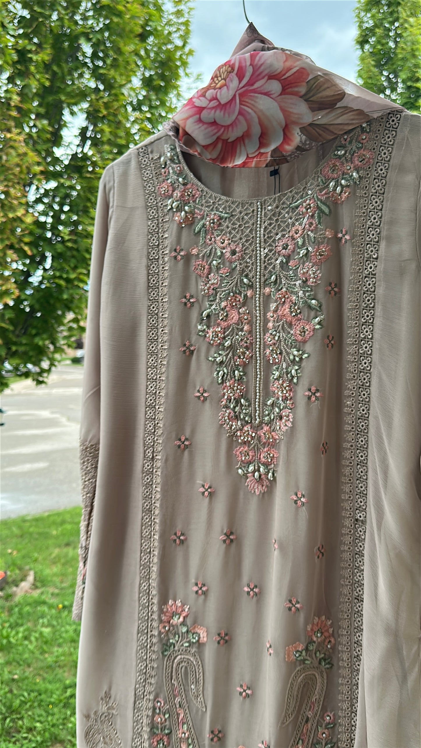 Mink Taupe Rosé Élan — Embroidered Chiffon 3-Piece Set