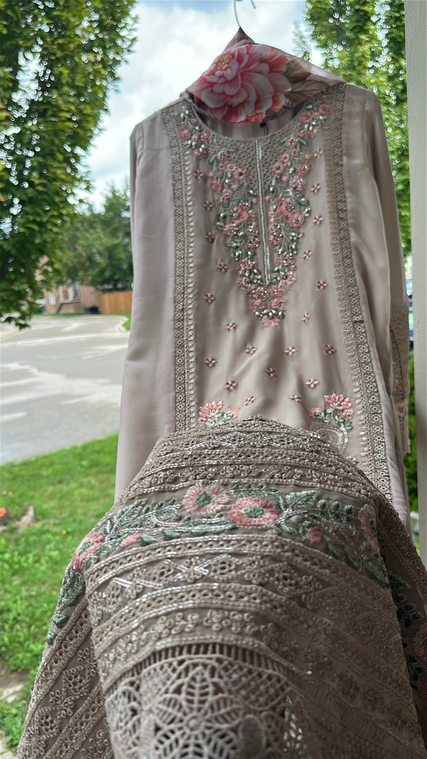 Mink Taupe Rosé Élan — Embroidered Chiffon 3-Piece Set