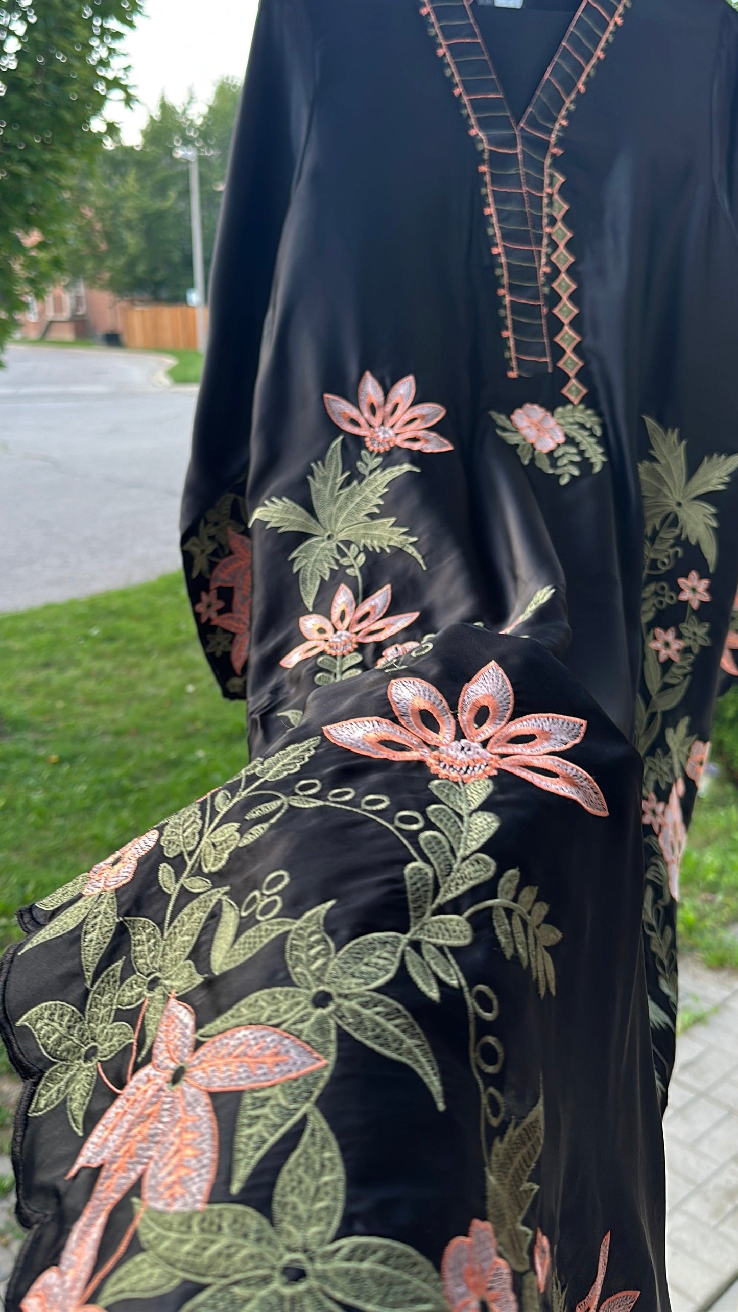 Zarveen Noir — Black Silk Embroidered Kaftan Set