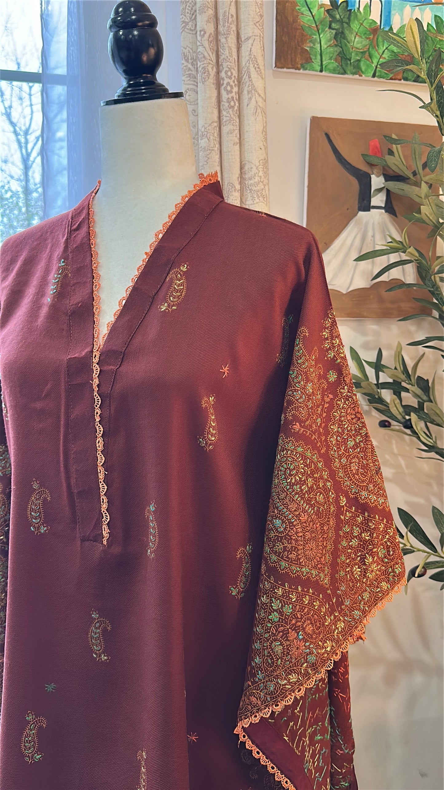 Gulnaar-e-Russet – KalamKari Shawl Kaftan
