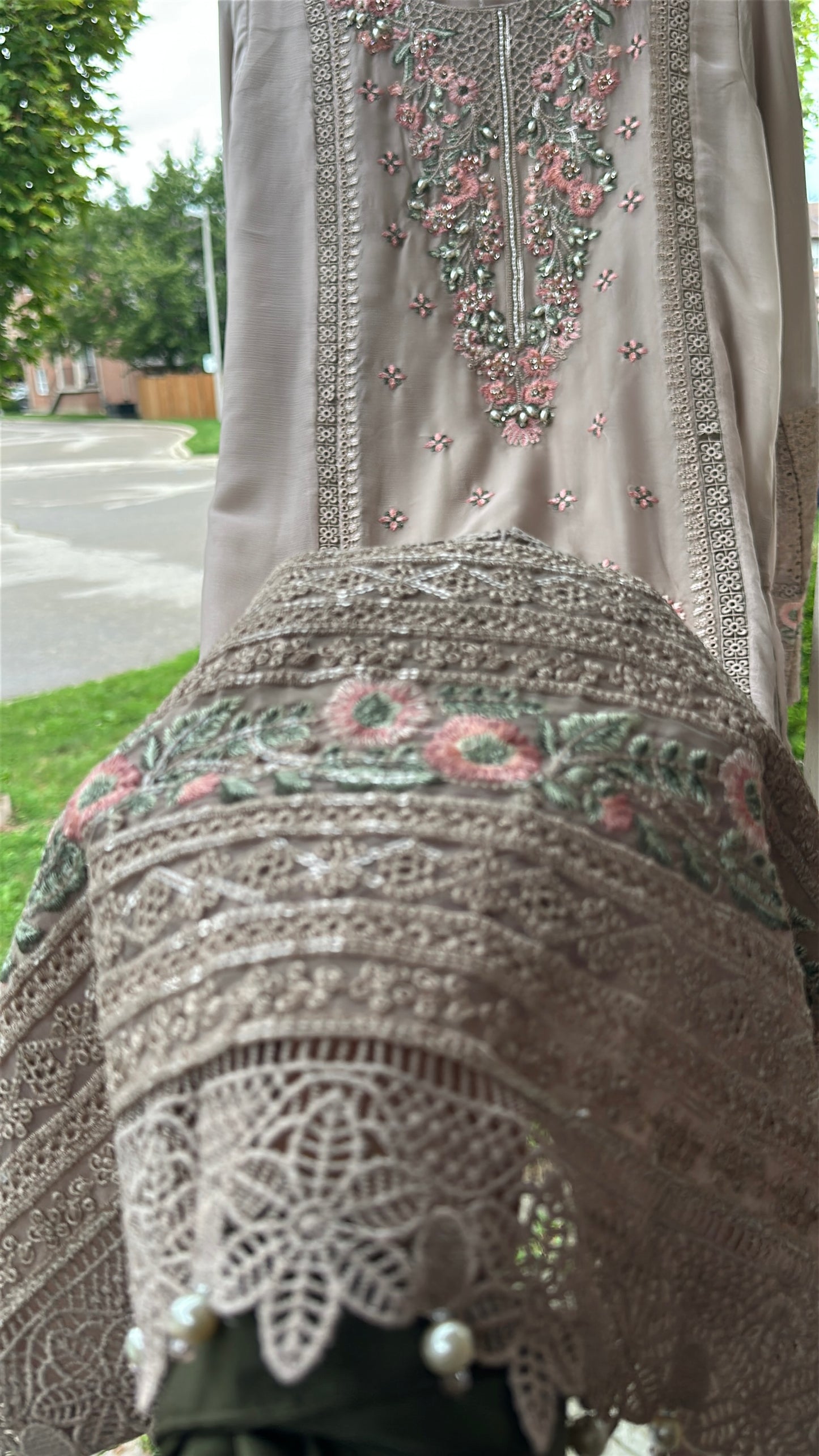 Mink Taupe Rosé Élan — Embroidered Chiffon 3-Piece Set