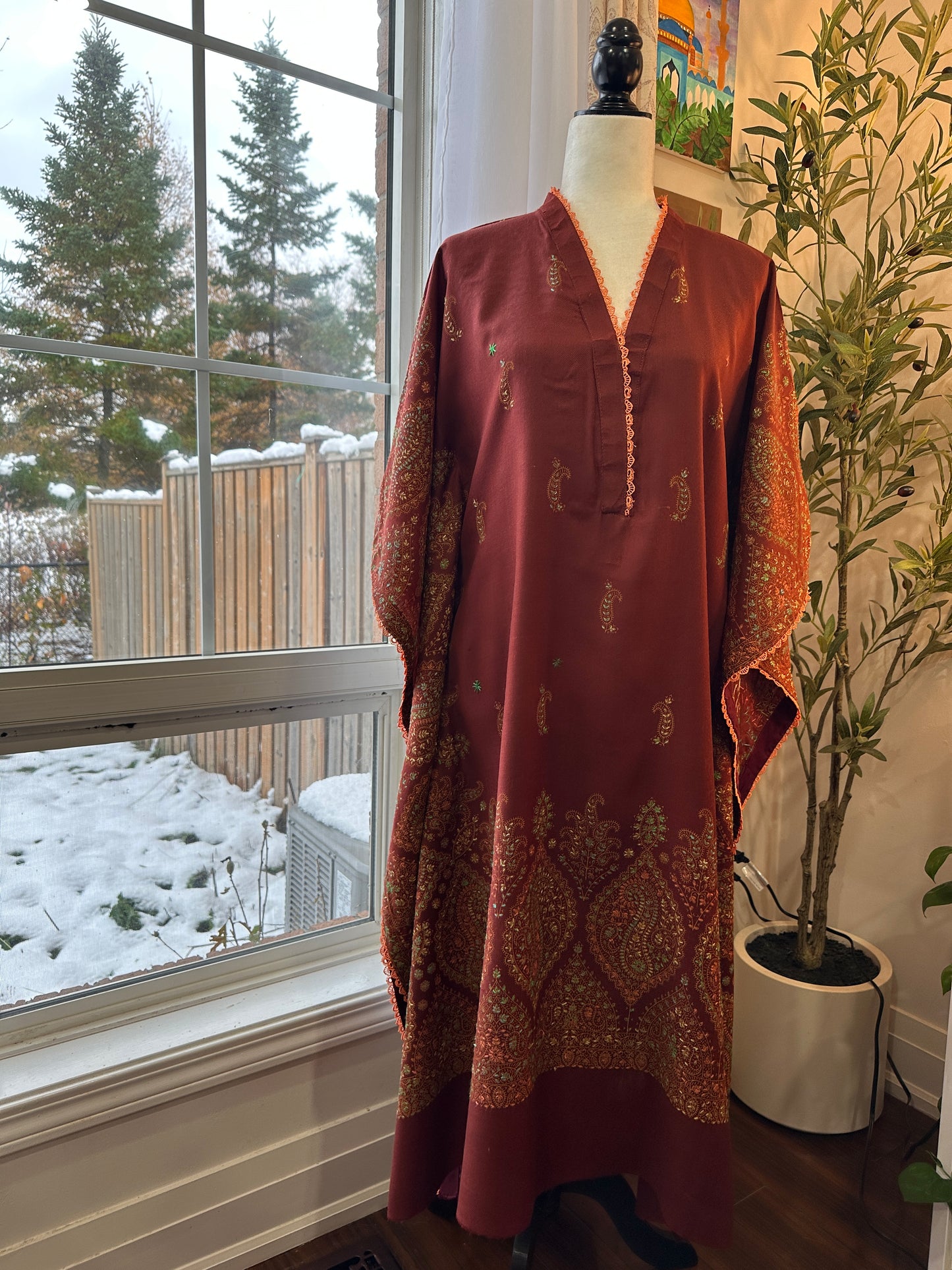 Gulnaar-e-Russet – KalamKari Shawl Kaftan
