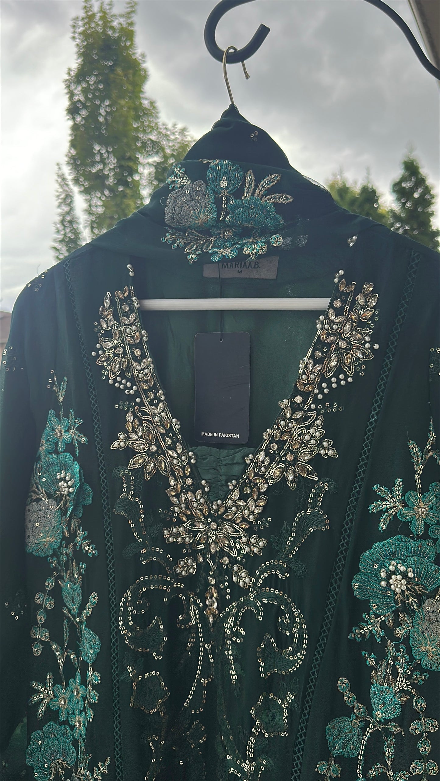 Midnight Emerald Élan — Luxury Embellished Chiffon 3-Piece Set