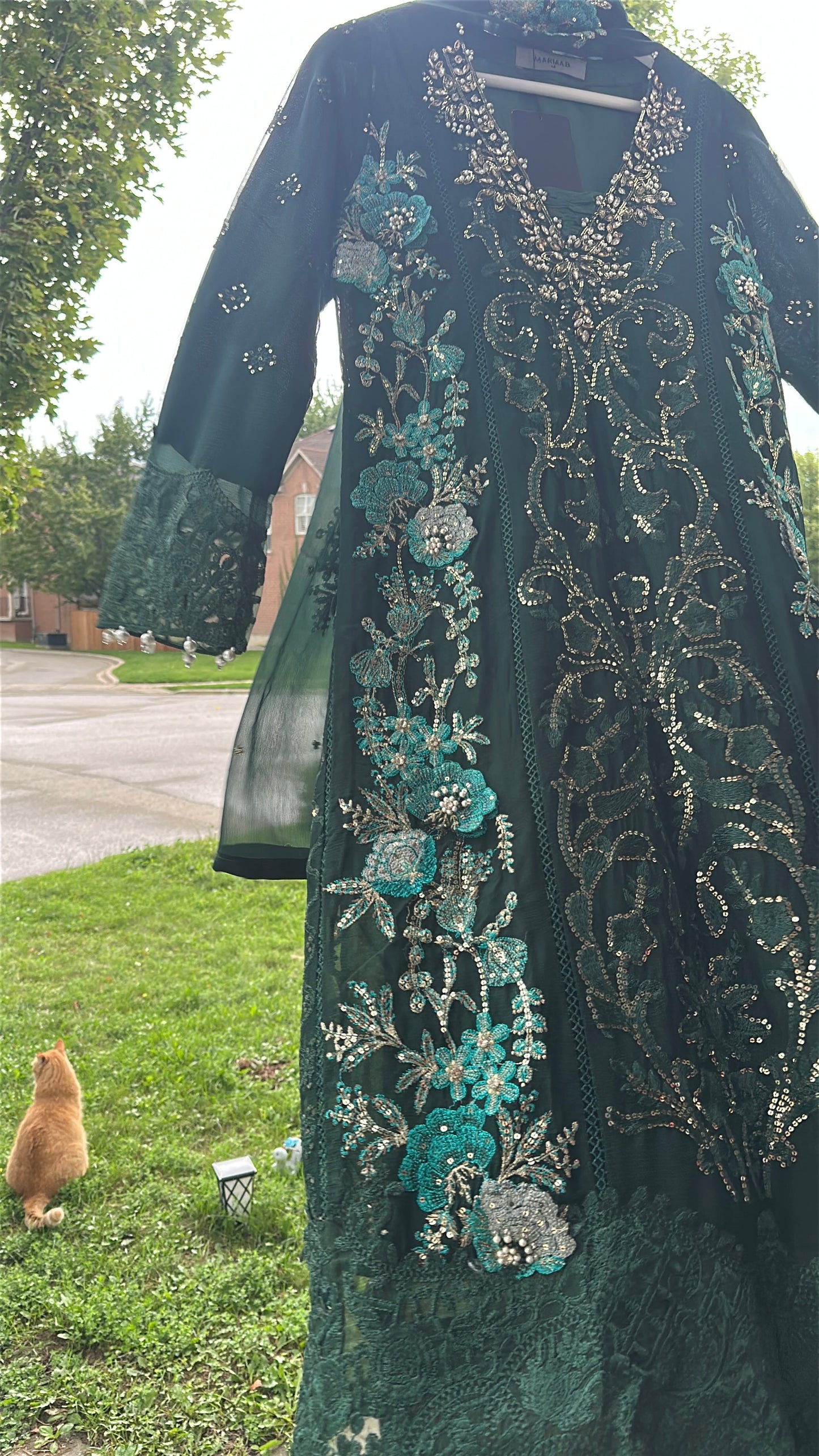 Midnight Emerald Élan — Luxury Embellished Chiffon 3-Piece Set