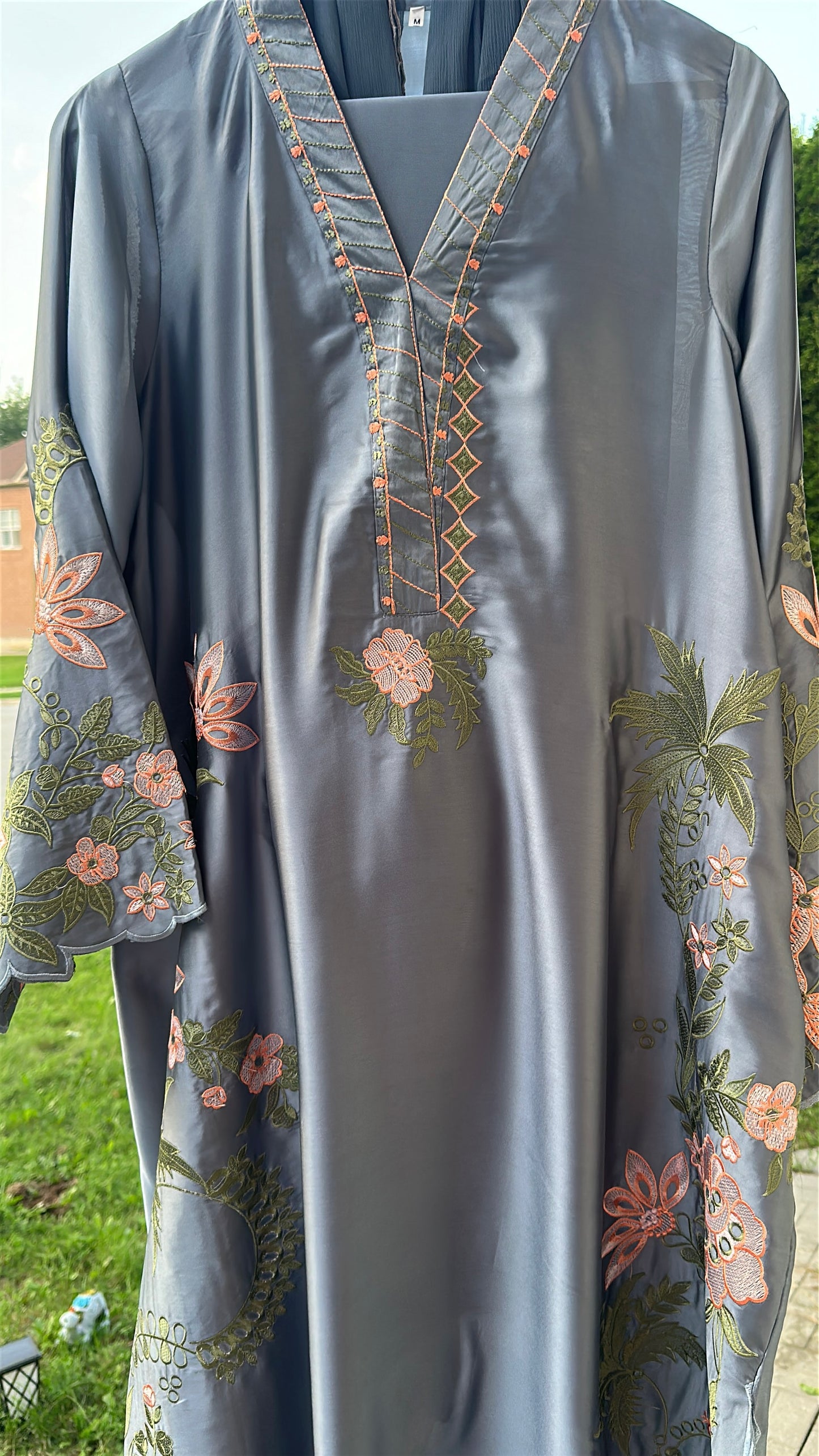 Zarveen — Slate Silk Embroidered Kaftan Set