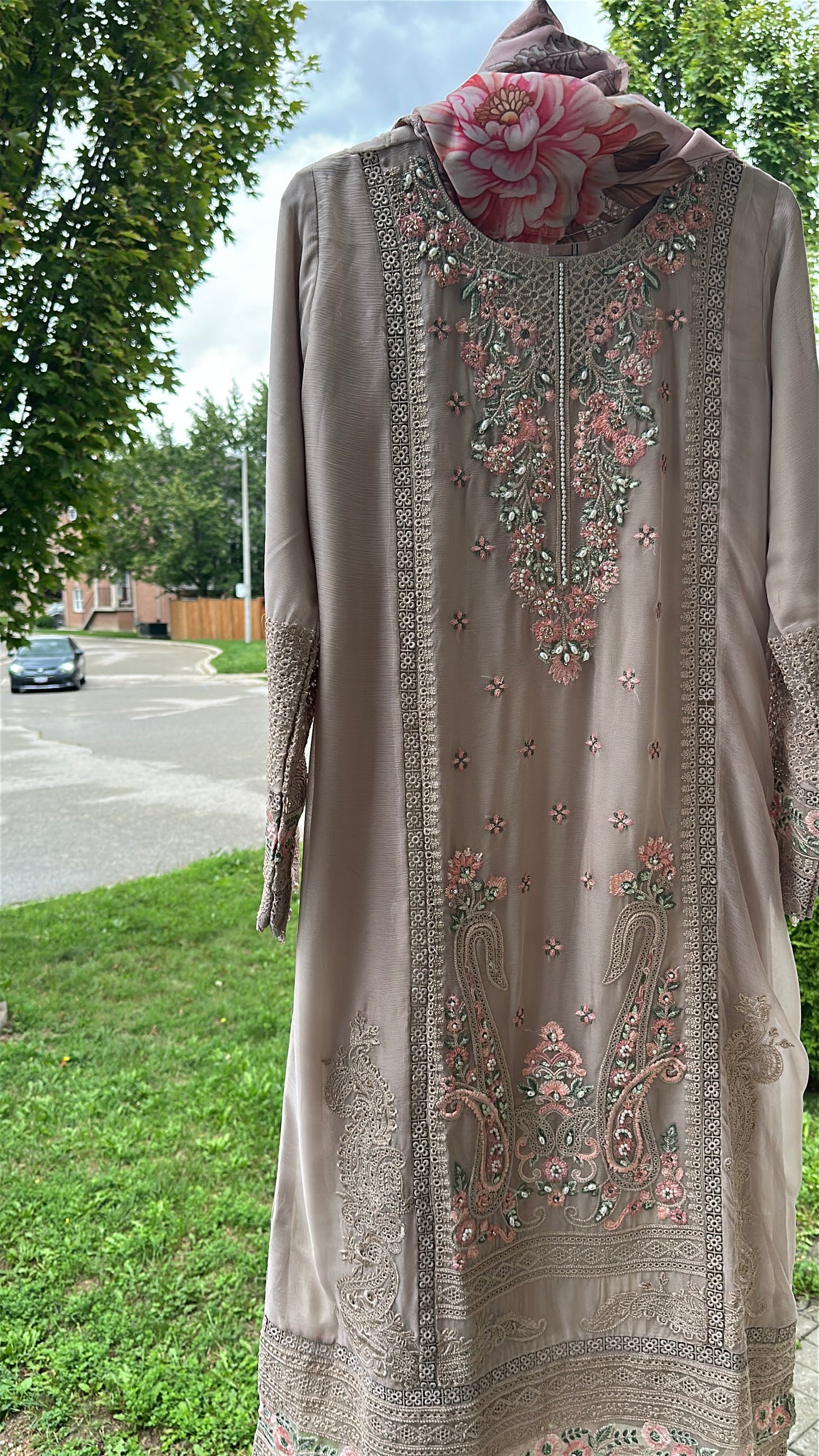 Mink Taupe Rosé Élan — Embroidered Chiffon 3-Piece Set