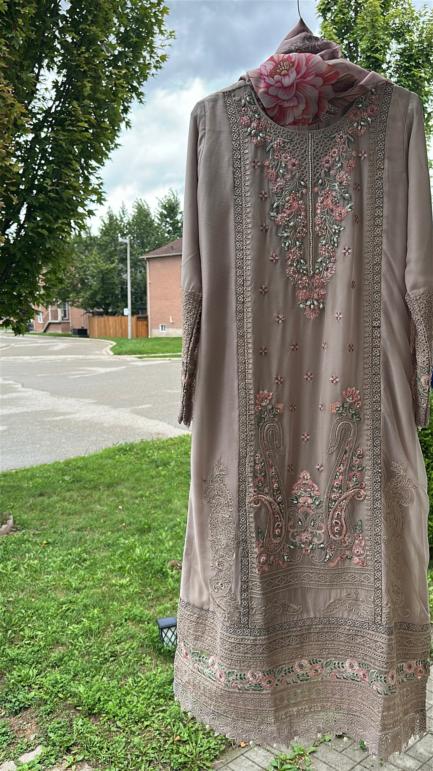 Mink Taupe Rosé Élan — Embroidered Chiffon 3-Piece Set