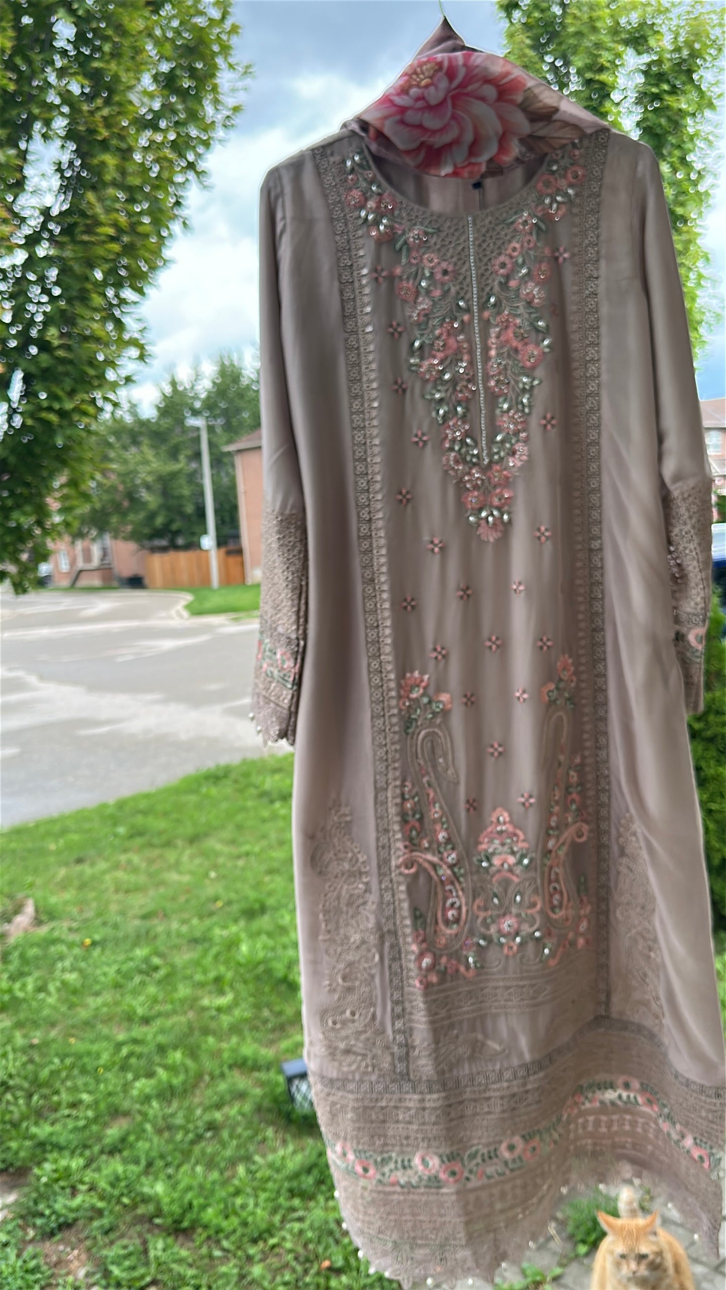 Mink Taupe Rosé Élan — Embroidered Chiffon 3-Piece Set