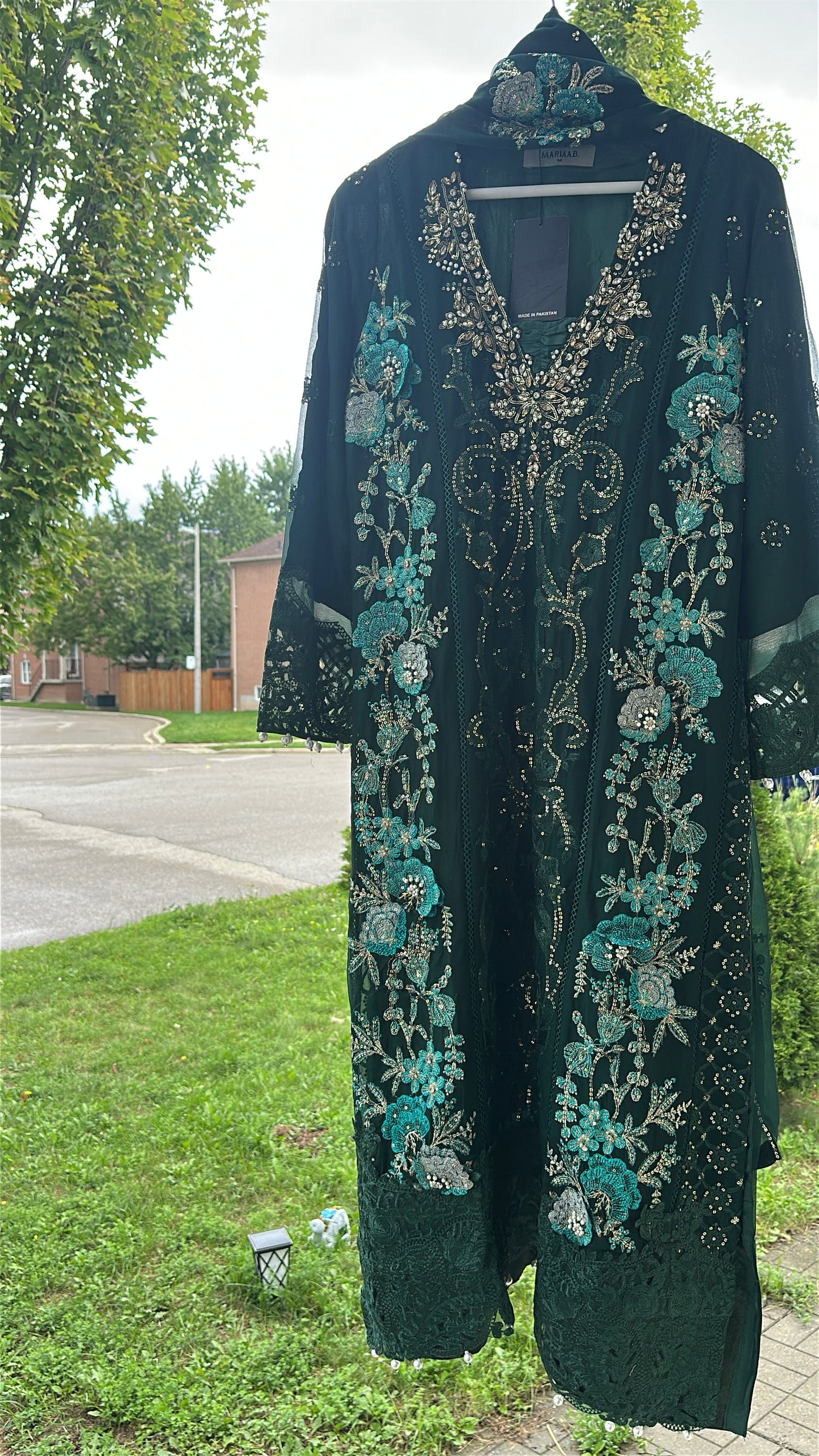 Midnight Emerald Élan — Luxury Embellished Chiffon 3-Piece Set