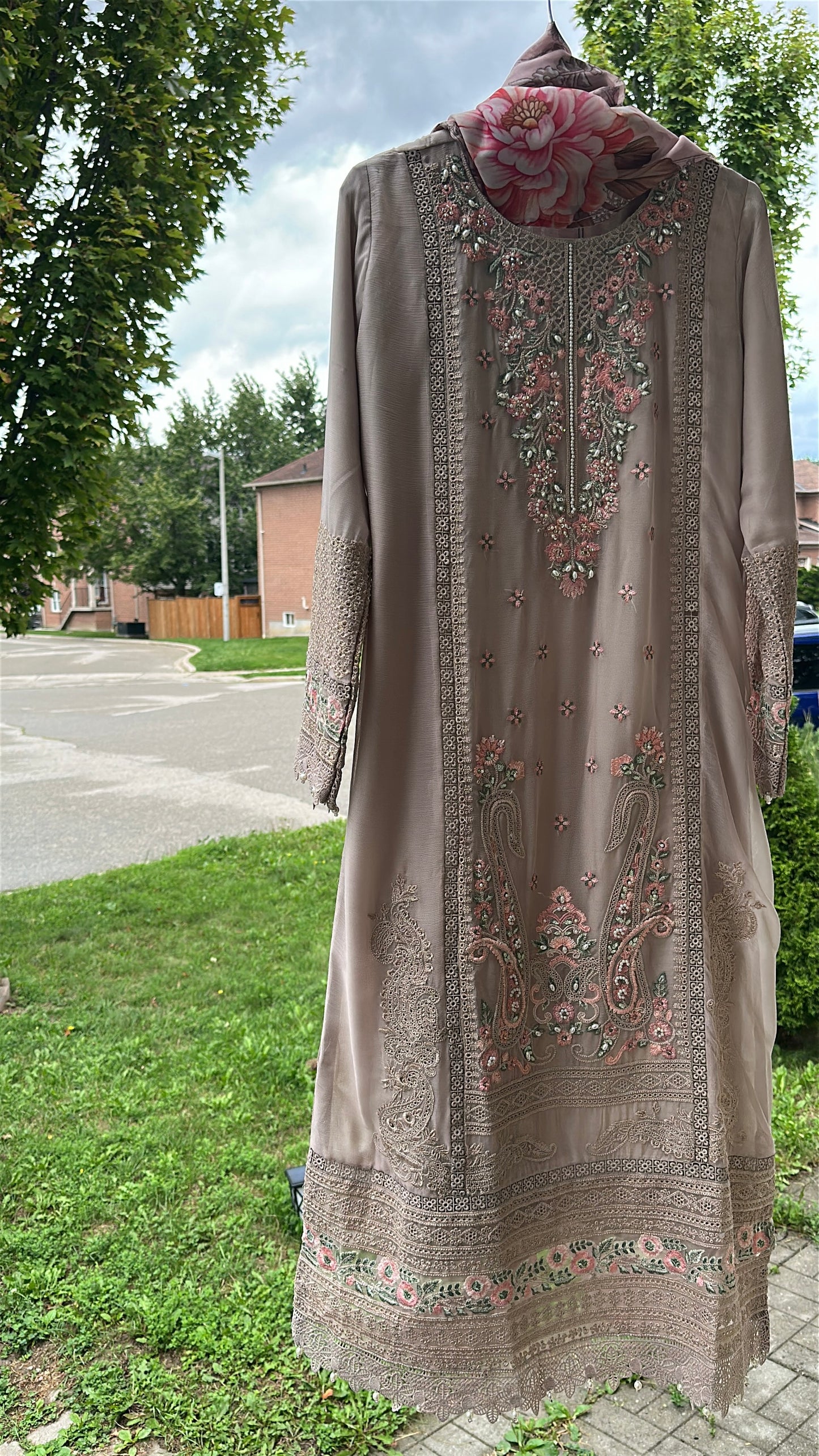 Mink Taupe Rosé Élan — Embroidered Chiffon 3-Piece Set