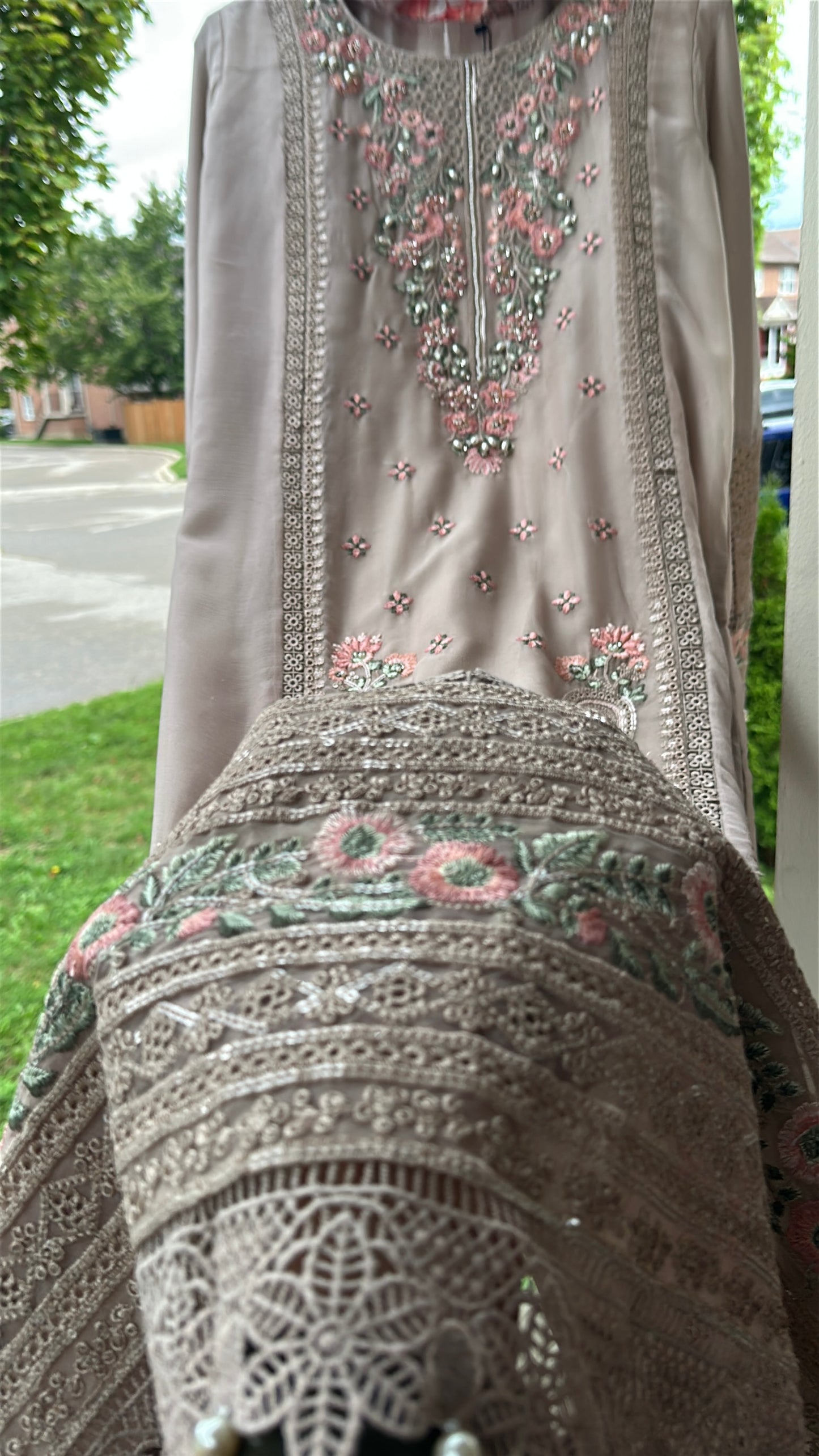 Mink Taupe Rosé Élan — Embroidered Chiffon 3-Piece Set