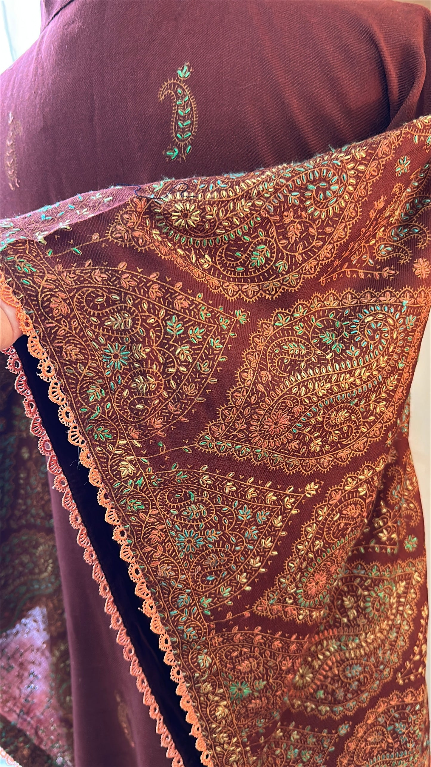 Gulnaar-e-Russet – KalamKari Shawl Kaftan