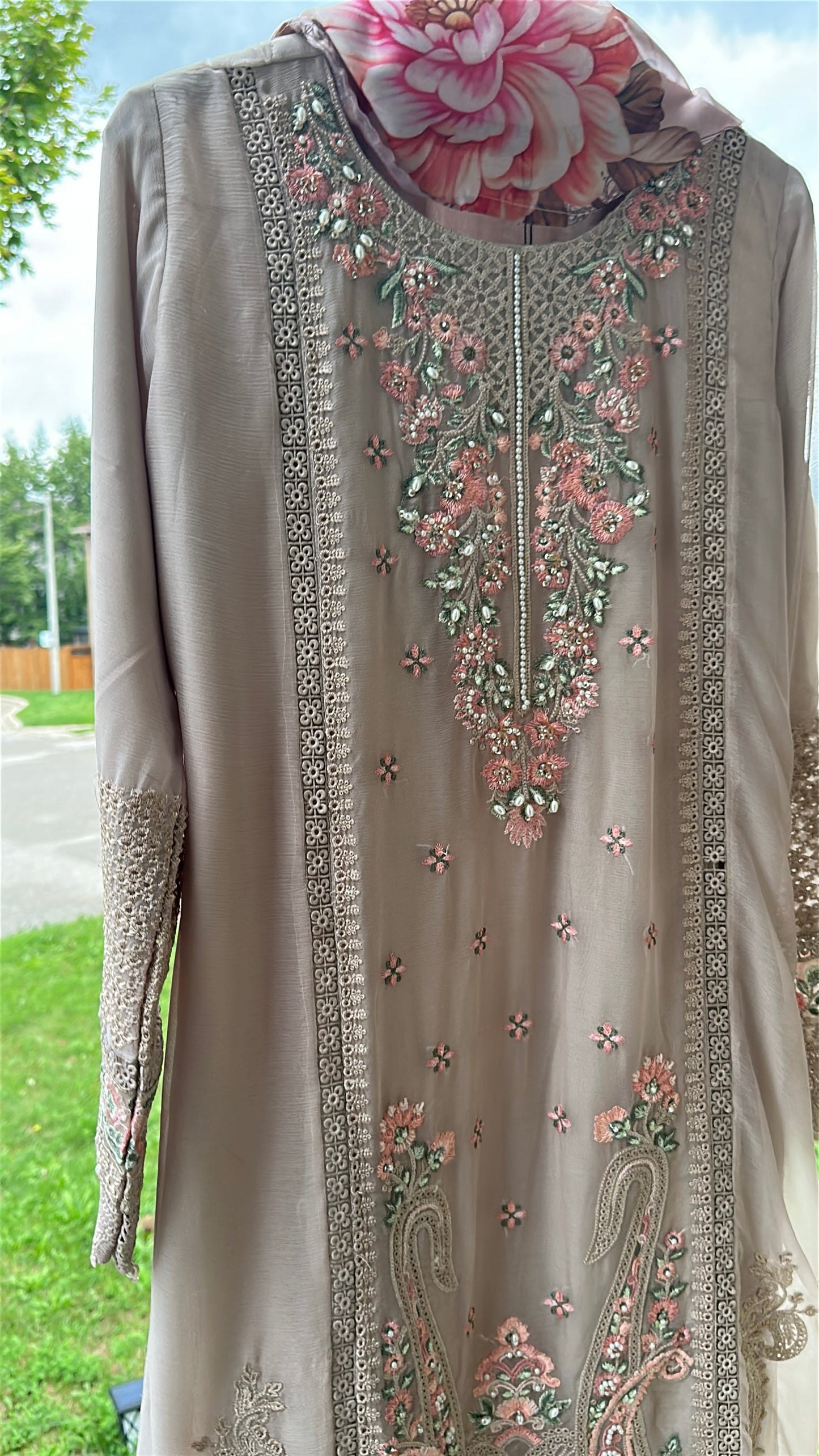 Mink Taupe Rosé Élan — Embroidered Chiffon 3-Piece Set